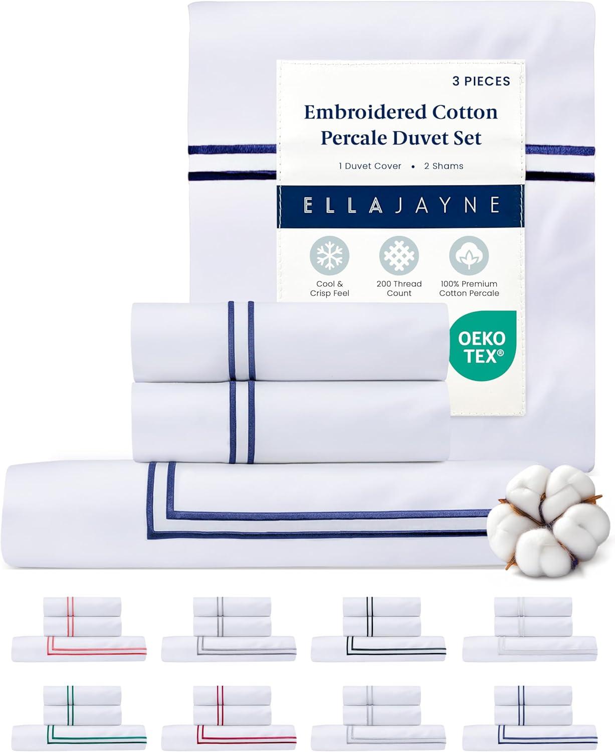 Ella Jayne Home Ella Jayne Cotton Duvet Cover with Satin Satin Stitching 3-Piece Set, White with White Satin Stitching
