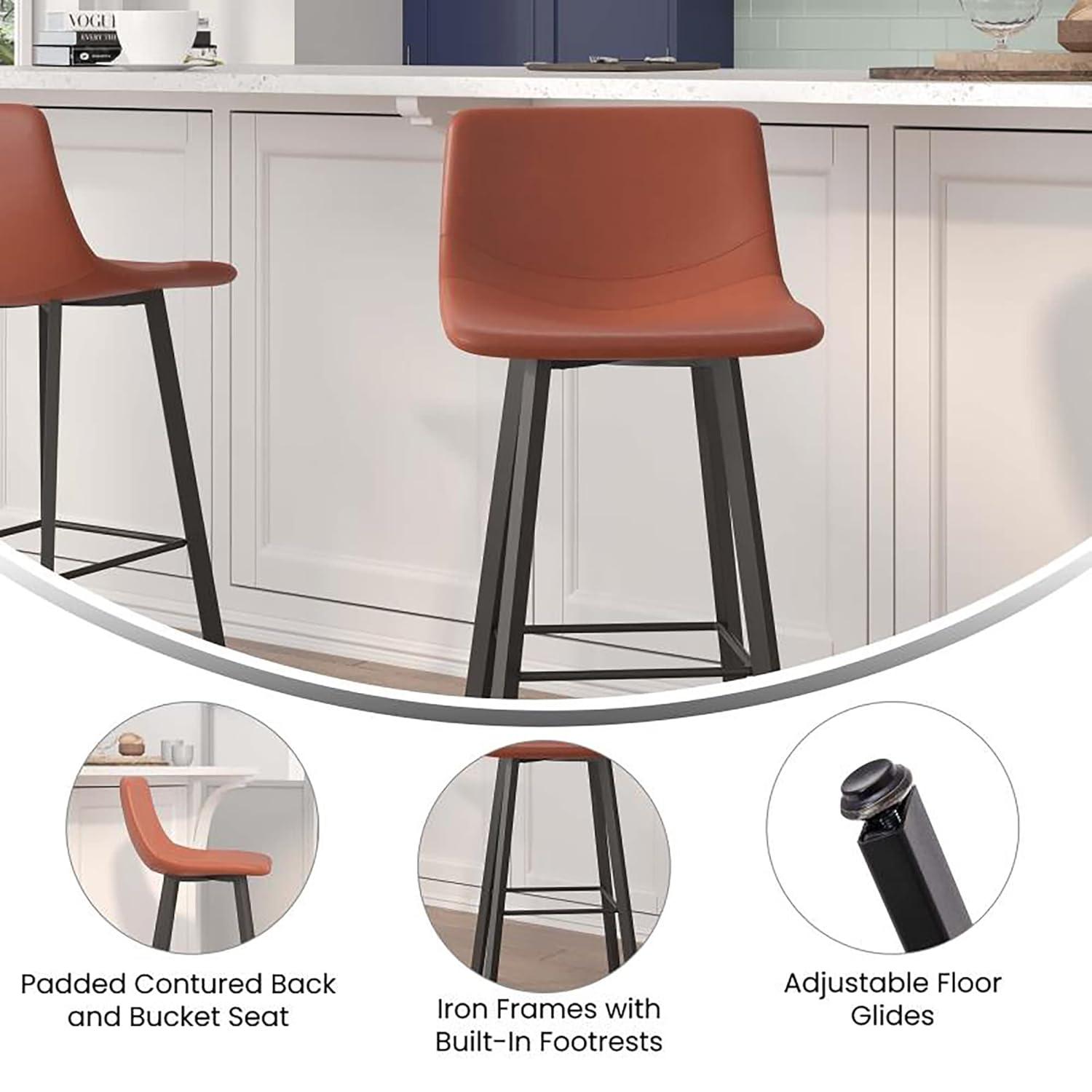 Flash Furniture Set of 2 Commercial Indoor Armless Iron Barstools - Cognac LeatherSoft