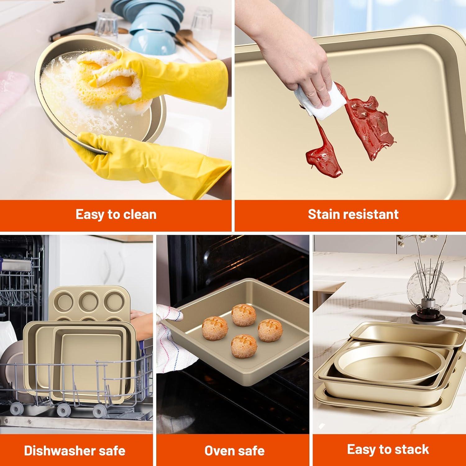 Baking Pans Set, 5-Piece Nonstick Bakeware Sets with Round/Square Cake Pan, Muffin Loaf Roast Pan, Baking Sheets for Oven, Kitchen Cookware Sets Baking Tray Baking Supplies, Gold