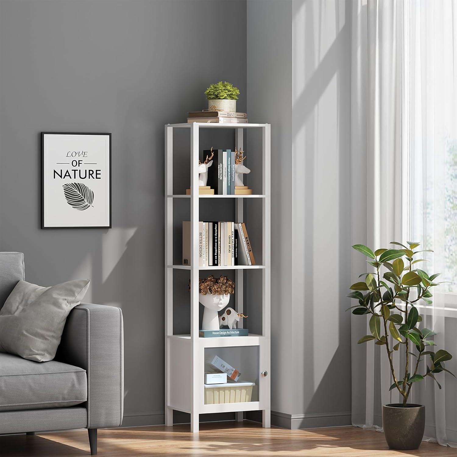 TUTOTAK 5 Tier Bookcase and Bookshelf, Narrow Book Shelf with Door for Small Space, for Living Room, Office, Study, Entryway, White BS03BW005
