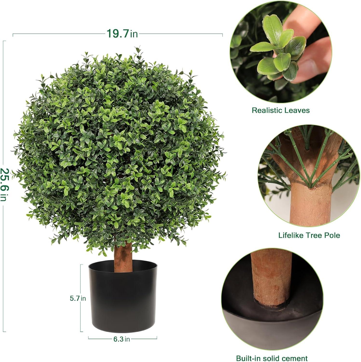 JepoIA Artificial Boxwood Topiary Tree Set of 2, Artificial UV Resistant Bushes, Faux Potted Tree, Plant in Pot w/Dried Moss, Fake Shrubs for Indoor, Front Porch, Outdoor, w/Orange Flower