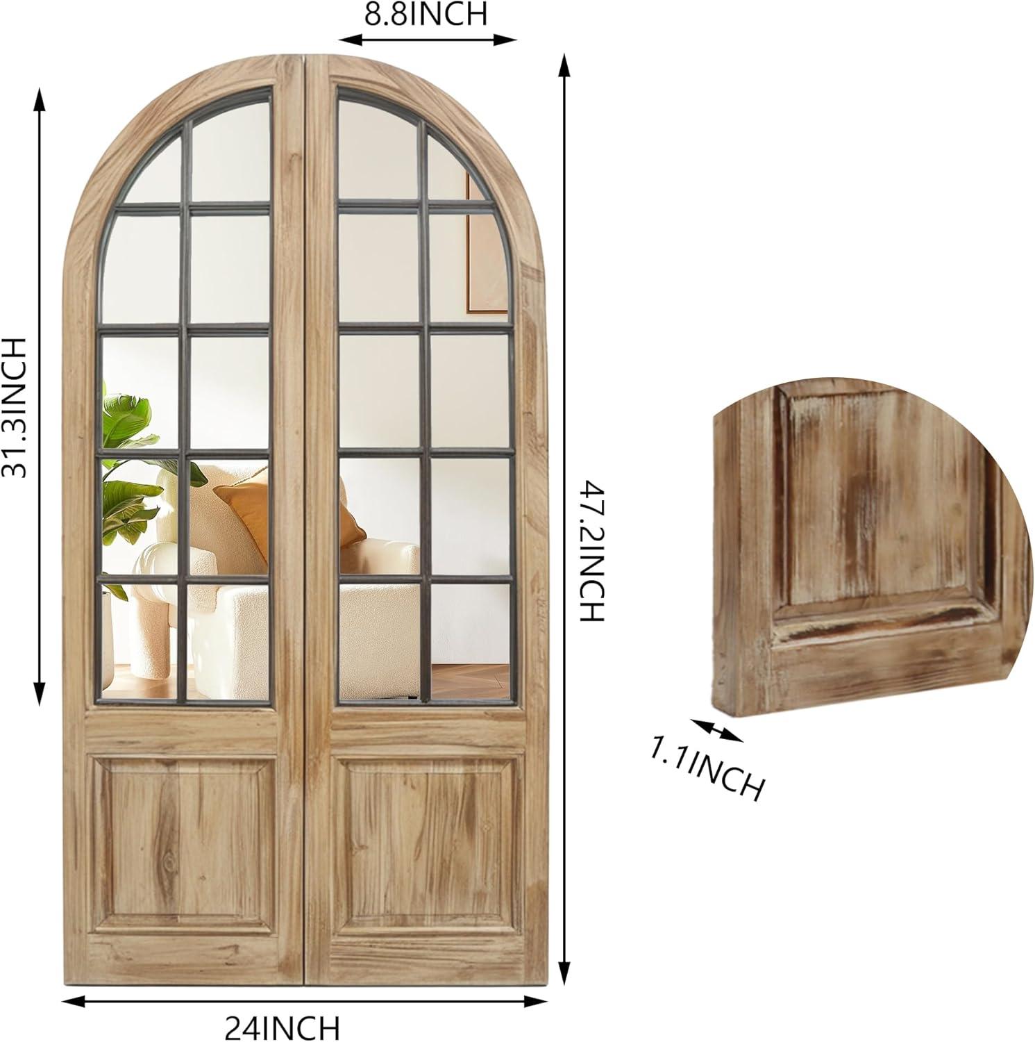 Parisloft Arched Windowpane Wall Mirror Set - 24 x 47.25 Inch, Rustic Wood and Metal Wall Mirror Decor，Farmhouse Mirror for Entryway, Hallway, Living Room