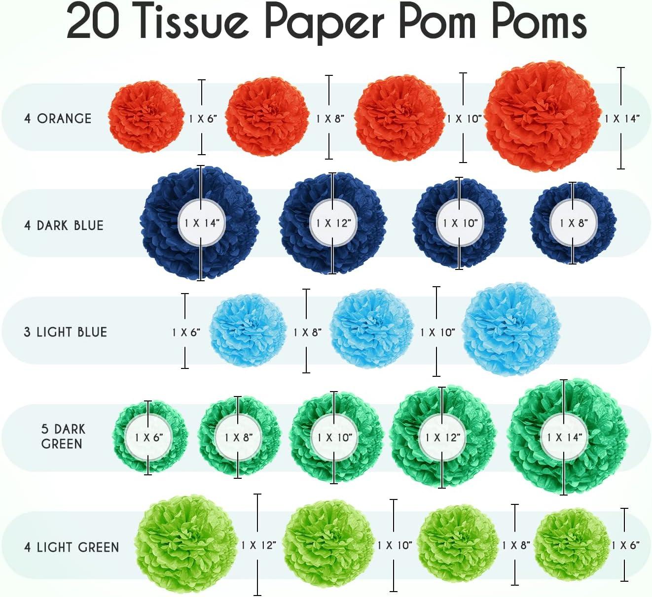 20-Piece Tissue Paper Pom Poms Party Decorations Kit - Orange, Blue, Teal, Green & Light Green | 6", 8", 10", 12" & 14"