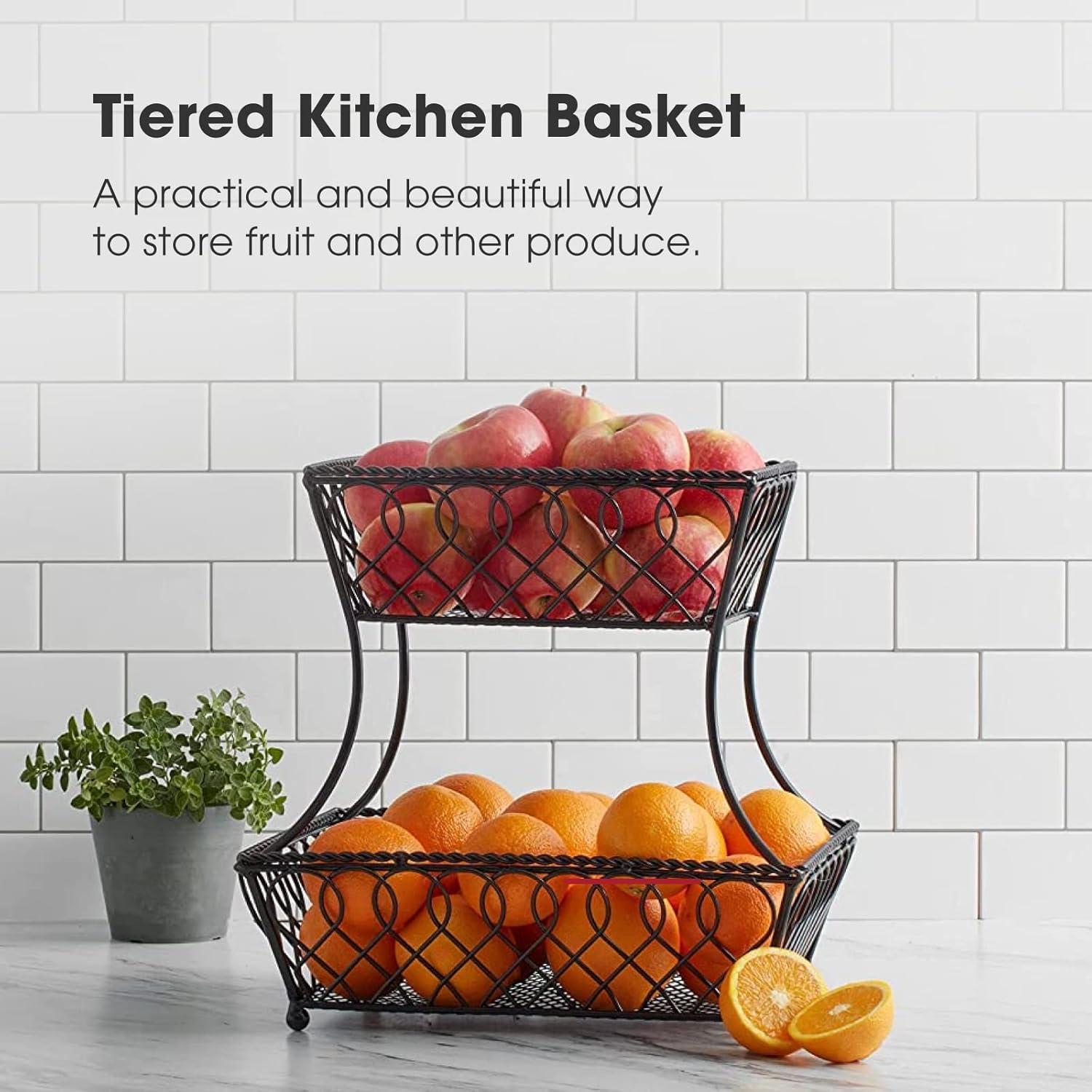 MIKASA GOURMET BASICS LOOP AND LATTICE 2 TIER RECTANGULAR BASKET ANTIQUE BLACK FINISH