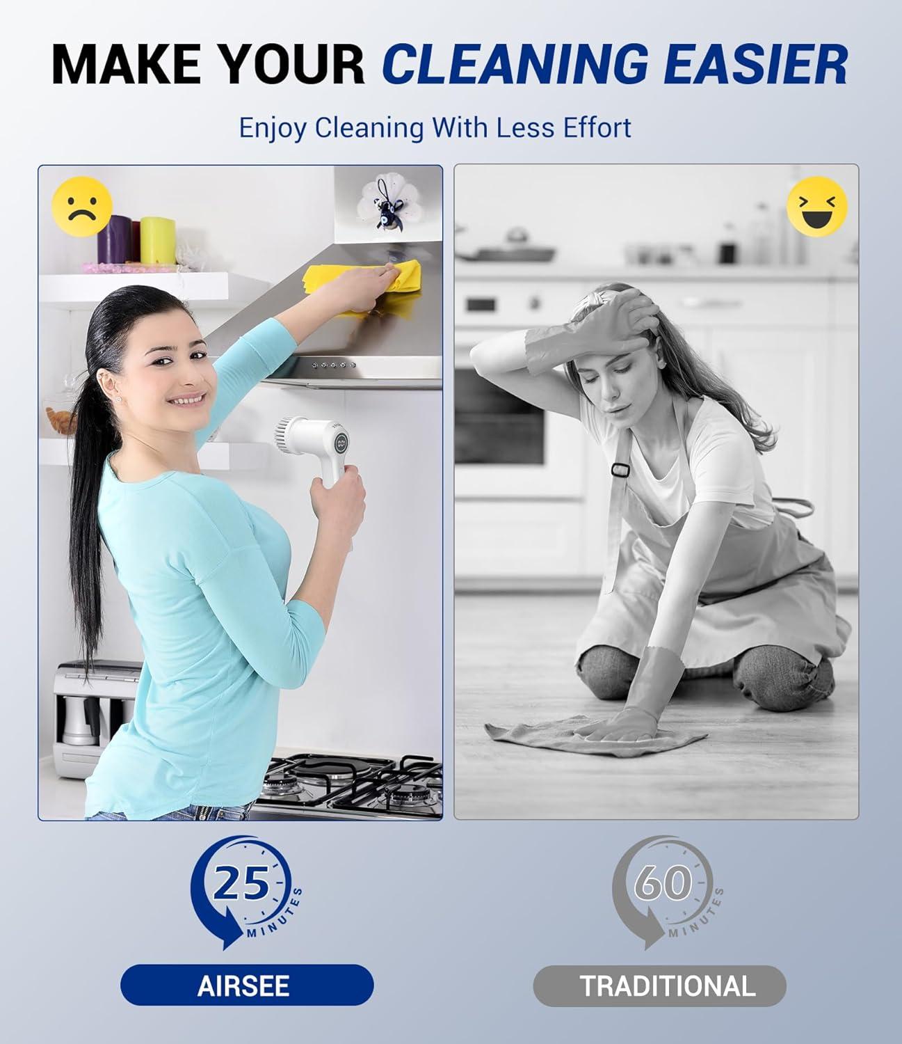 AIRSEE Cordless Electric Spin Scrubber, Handheld Power Shower Cleaner Brush, 2 speeds, 6 Replaceable Brush Heads for Cleaning Floor, Window, Bathroom, Kitchen, for Elderly & Busy Family