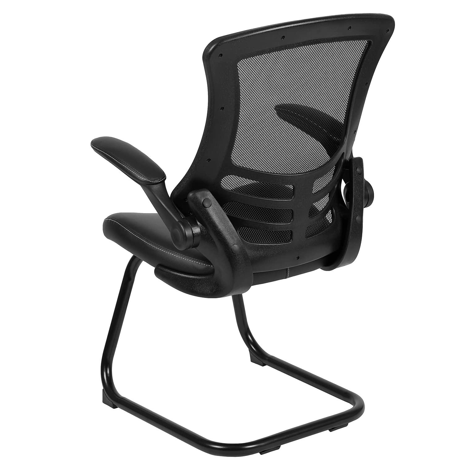 Flash Furniture Kelista Black Mesh Sled Base Side Reception Chair with White Stitched LeatherSoft Seat and Flip-Up Arms