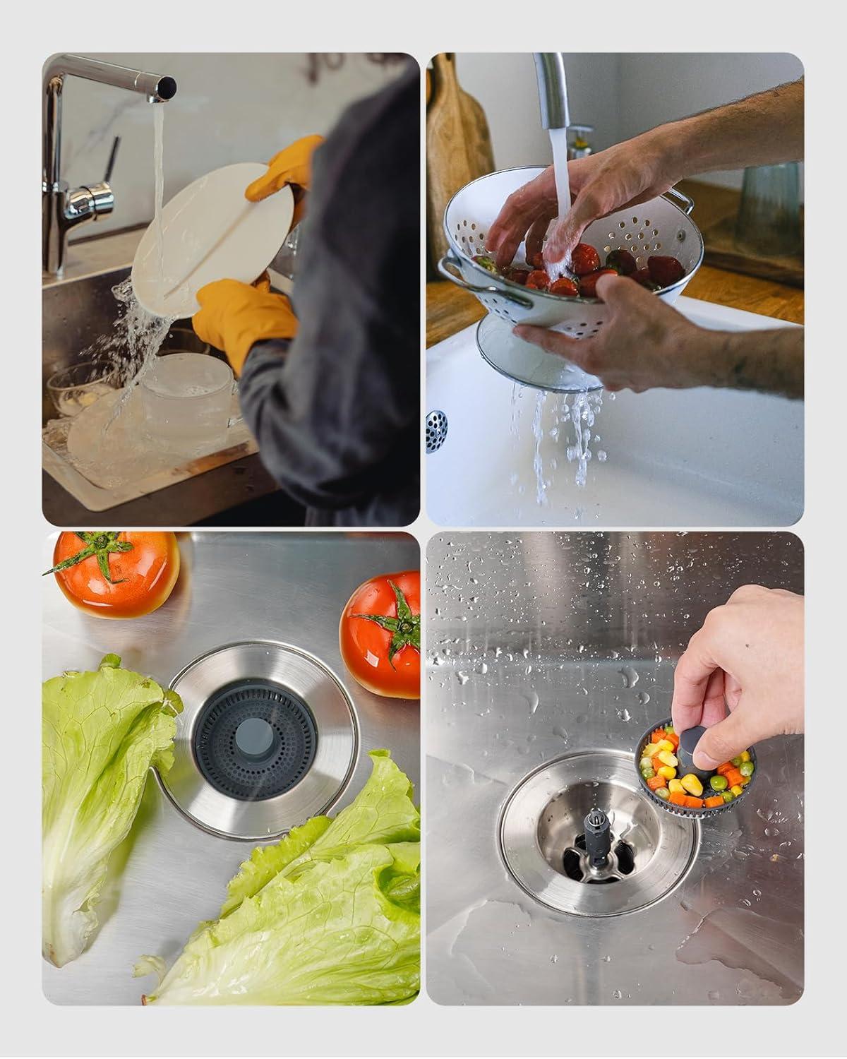 Hibbent 3-in-1 Kitchen Sink Drain Strainer  Stopper , Stainless Steel Pop-Up Design, Anti-Clogging Metal Basket with Handle, Compatible with US Standard 3-1/2" Drain