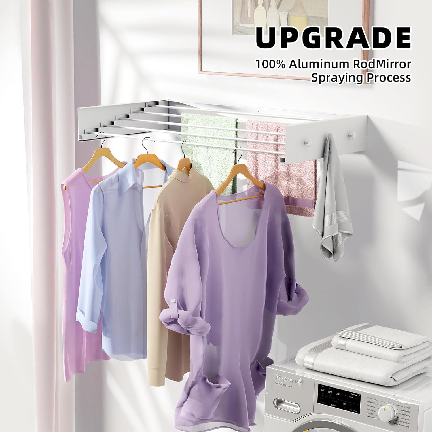 【Upgrade】 Laundry Drying Rack, 31.5" Drying Rack Clothing Wall Mounted,Foldable, 5 Aluminum Rods with 6 Hooks, Space-Saving White Collapsible Drying Racks Hanger for Laundry Bathroom