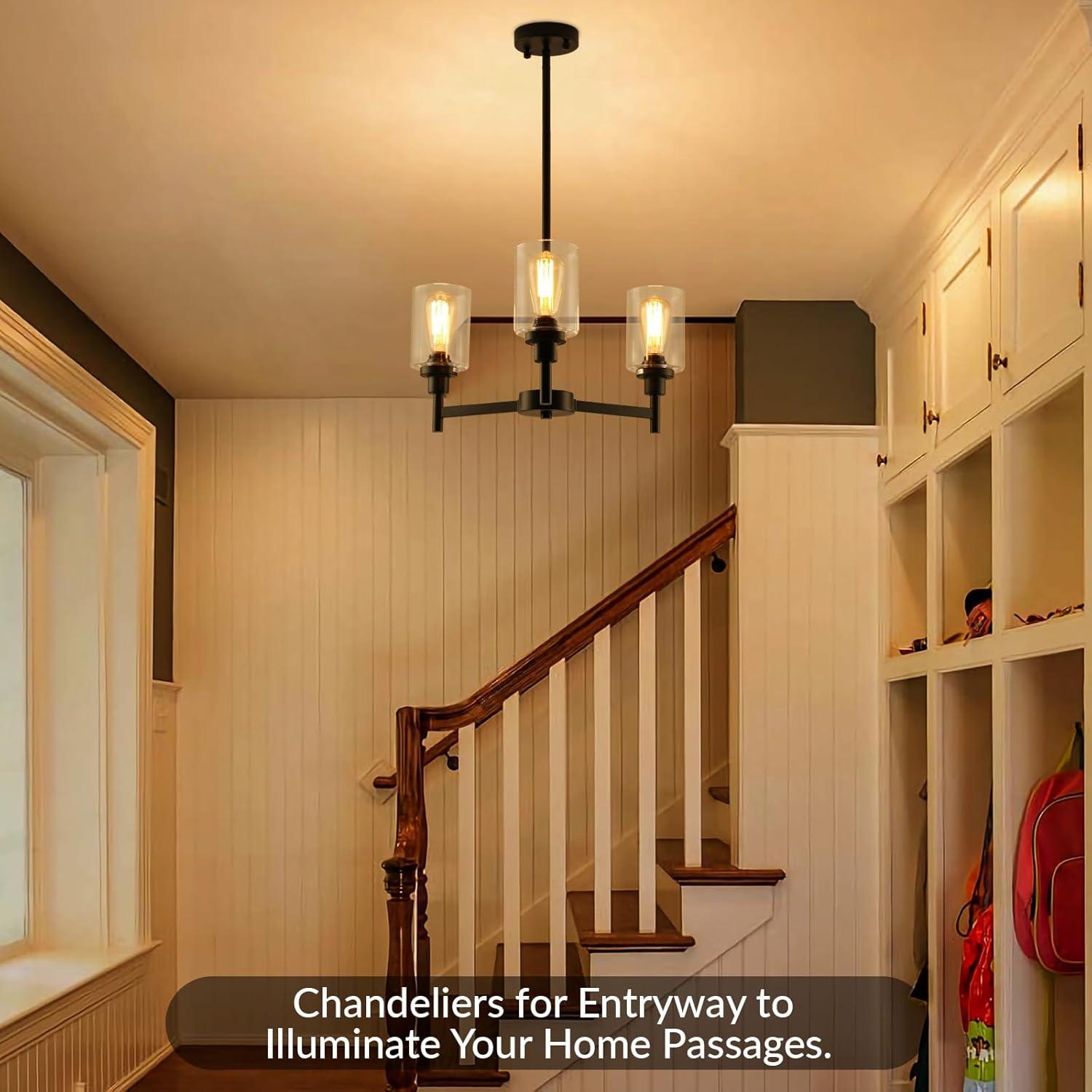 Black Chandelier for Dinning Room Living Room Island Kitchen Chandelier Light Fixtures Over Table, 3 Light Farmhouse Chandelier with Cylinder Clear Glass, Height Adjustable