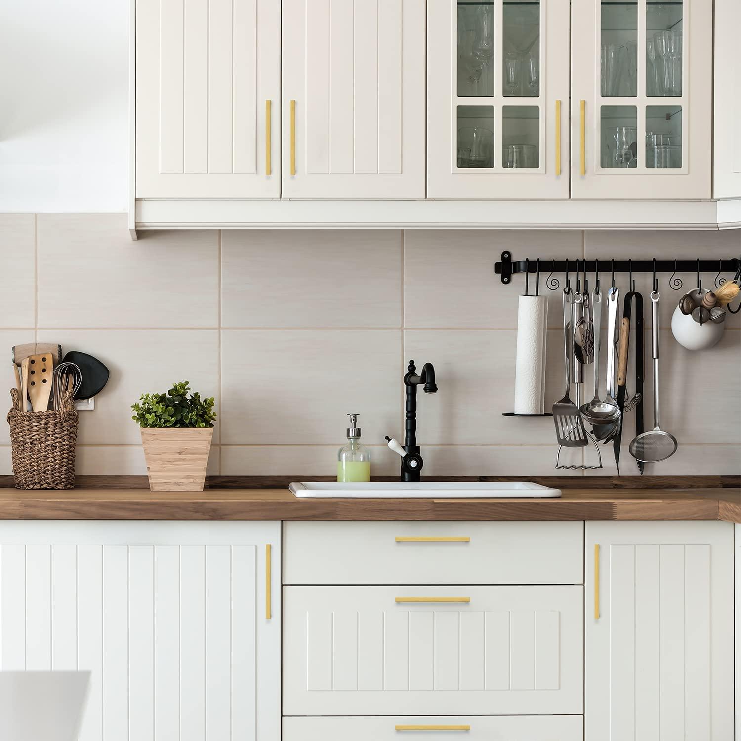 Goldenwarm 10 Pack Gold Cabinet Furniture Pulls Kitchen Hardware Square Door Handles 6-1/4 Inch Hole Centers