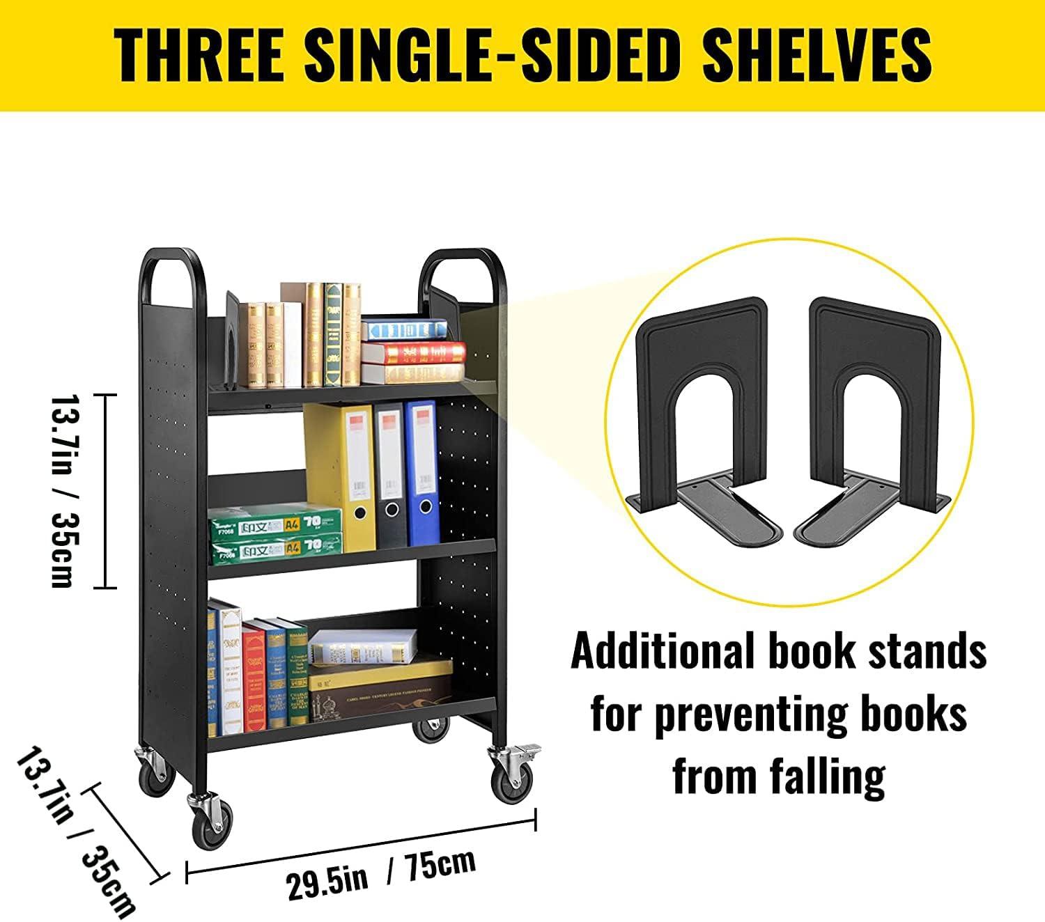 VEVOR Book Cart, 200lbs Library Cart, 30x14x49 Inch Rolling Book Cart Single Sided V-Shaped Sloped Shelves with 4 Inch Lockable Wheels, for Home Shelves Office and School Book Truck in Black
