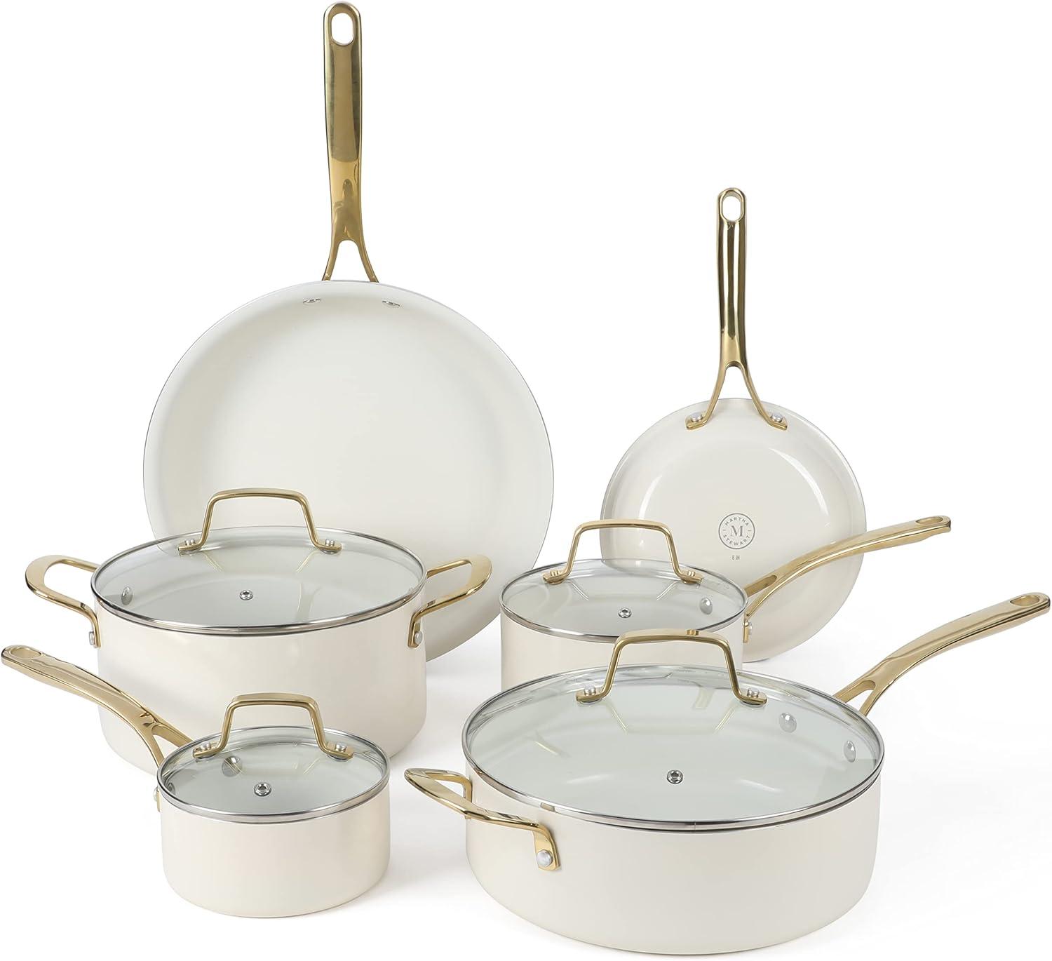 Martha Stewart 10pc Lockton Premium Nonstick Ceramic Enamel Aluminum Set Linen White: Skillets & Fry Pans, Cooktop Compatible