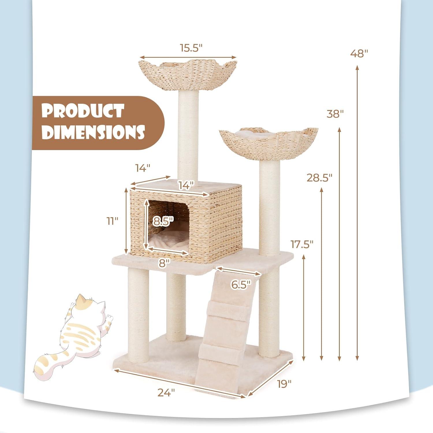 Giantex Wooden Cat Tree, 48 inches Cat Tower with Cattail Condo, Cat Bed, Hammock, Rotatable Jingling Balls, Natural Sisal Scratching Posts, Removable Cushion, Multi-Level Kitten Activity Center