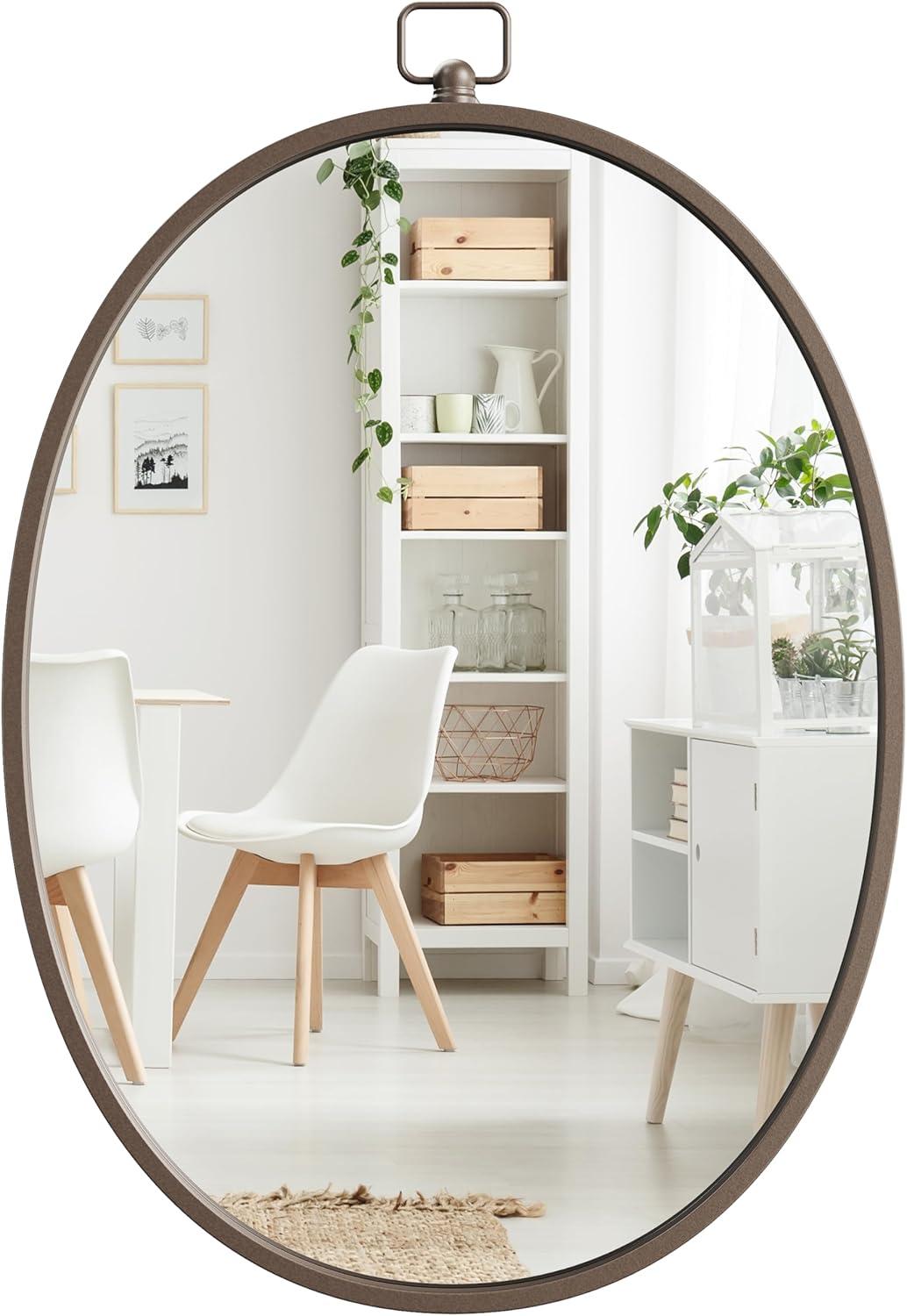 Barnyard Designs Round Metal Framed Wall Mirror for Bathroom Vanity, Bedroom, Circle Desk Mirror (24", Iron Metal Grey)