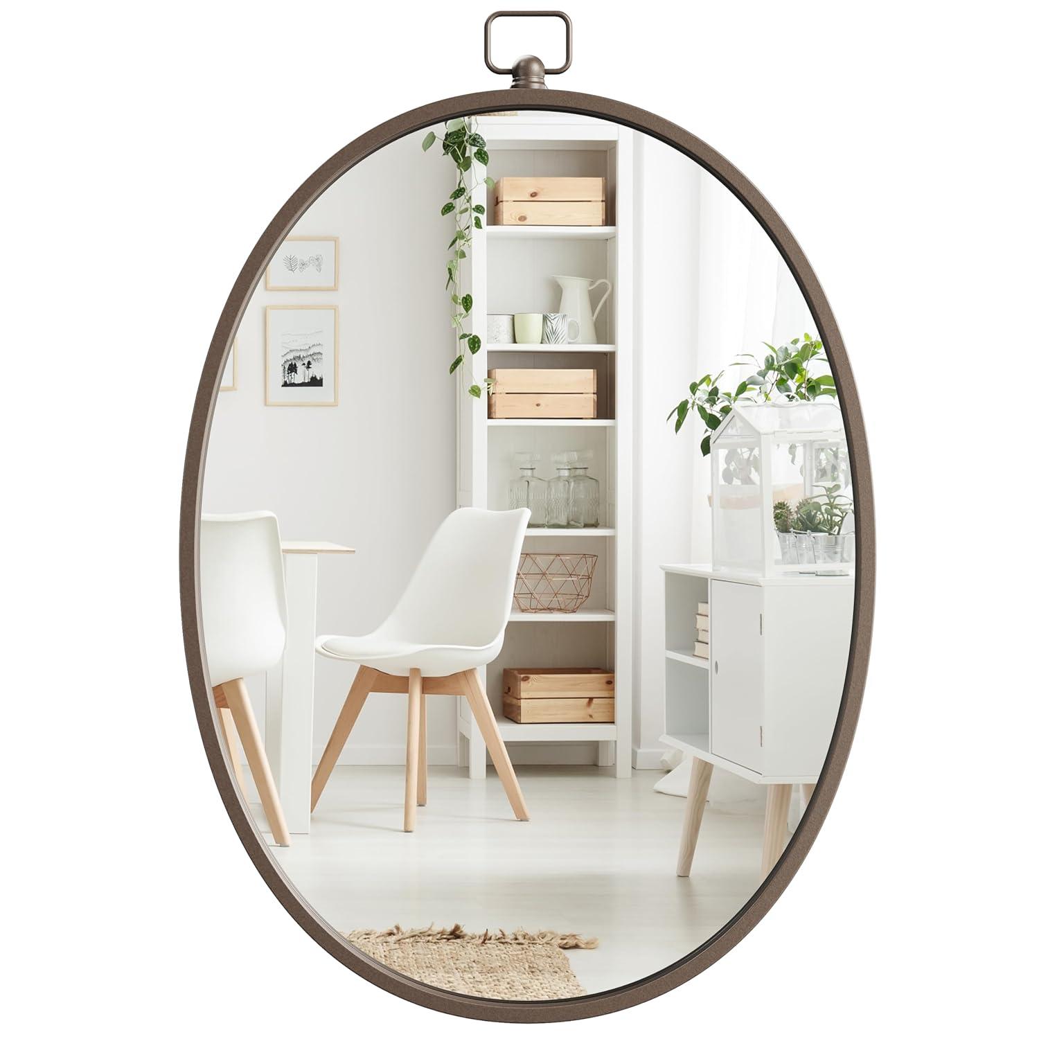 Barnyard Designs Round Metal Framed Wall Mirror for Bathroom Vanity, Bedroom, Circle Desk Mirror (24", Iron Metal Grey)