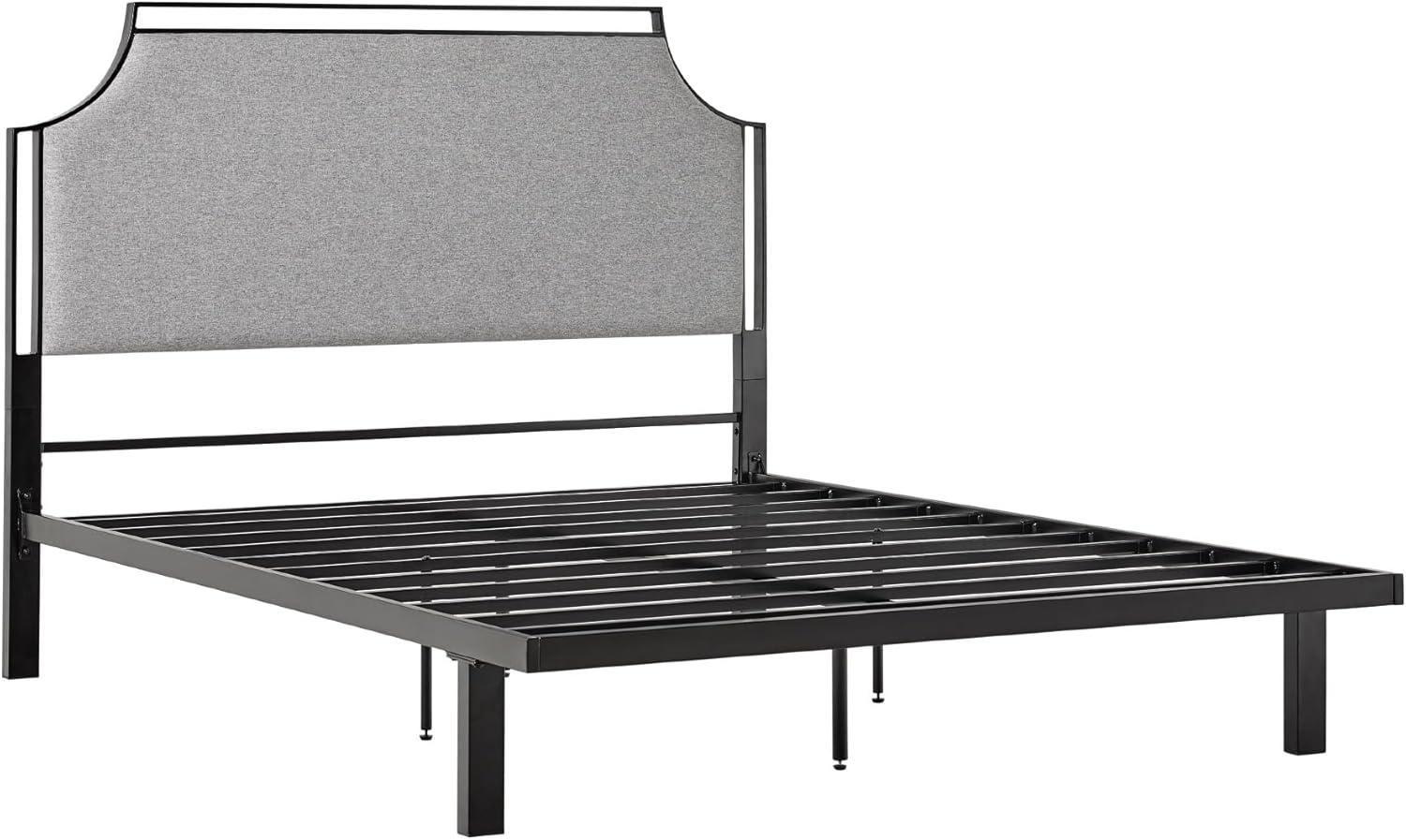 Gray Upholstered Metal Queen Bedframe with Headboard and Slats