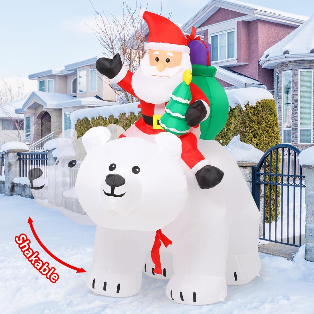 GOOSH Christmas Inflatables 6.6 FT Inflatable Santa Clause Riding Shaking Head Polar Bear, Cute Inflatable Santa Claus Carrying Gifts with LED Lights, Outdoor Christmas Decorations for Xmas Holiday