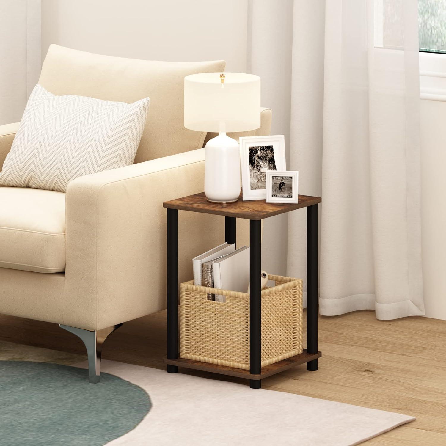 Compact Amber Pine & Black Square End Table with Shelf