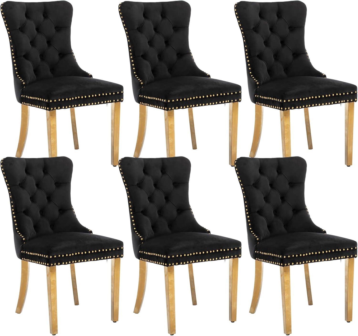 ODUSE-DAILY Black Velvet Dining Chairs Set of 6, Kitchen & Dining Room Chairs, Nailheads Tufted, Sillas De Comedor, Fabric Upholstered, Golden Metal Legs (Black, 6 Pcs)