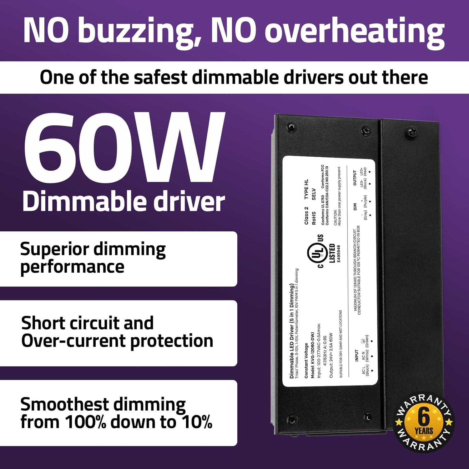 60W Dimmable LED Driver 24V, AC to DC Triac Dimmable Transformer Power Supply, Dimming LED Driver, Compatible with lutron and leviton Dimmer, TRIAC/Phase/0-10V /1-10V/Potentiometer/10V PWM UL Listed