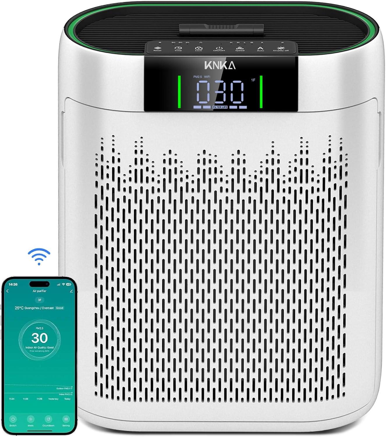 KNKA Air Purifier, HEPA Air Purifiers for Large Rooms up to 2500 Sq. ft., Air Cleaner with Air Quality Monitor, Smart WiFi, and Aromatherapy, for Allergies, Pets, Odors, Dust, Pollen, and Smoke