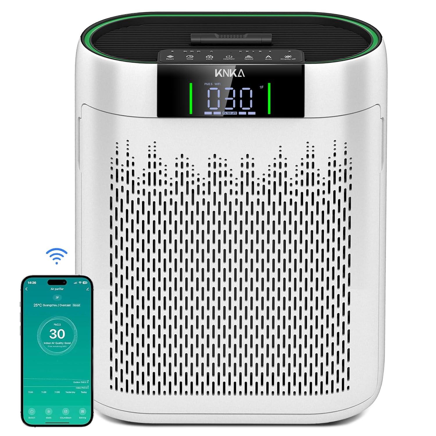 KNKA Air Purifier, HEPA Air Purifiers for Large Rooms up to 2500 Sq. ft., Air Cleaner with Air Quality Monitor, Smart WiFi, and Aromatherapy, for Allergies, Pets, Odors, Dust, Pollen, and Smoke
