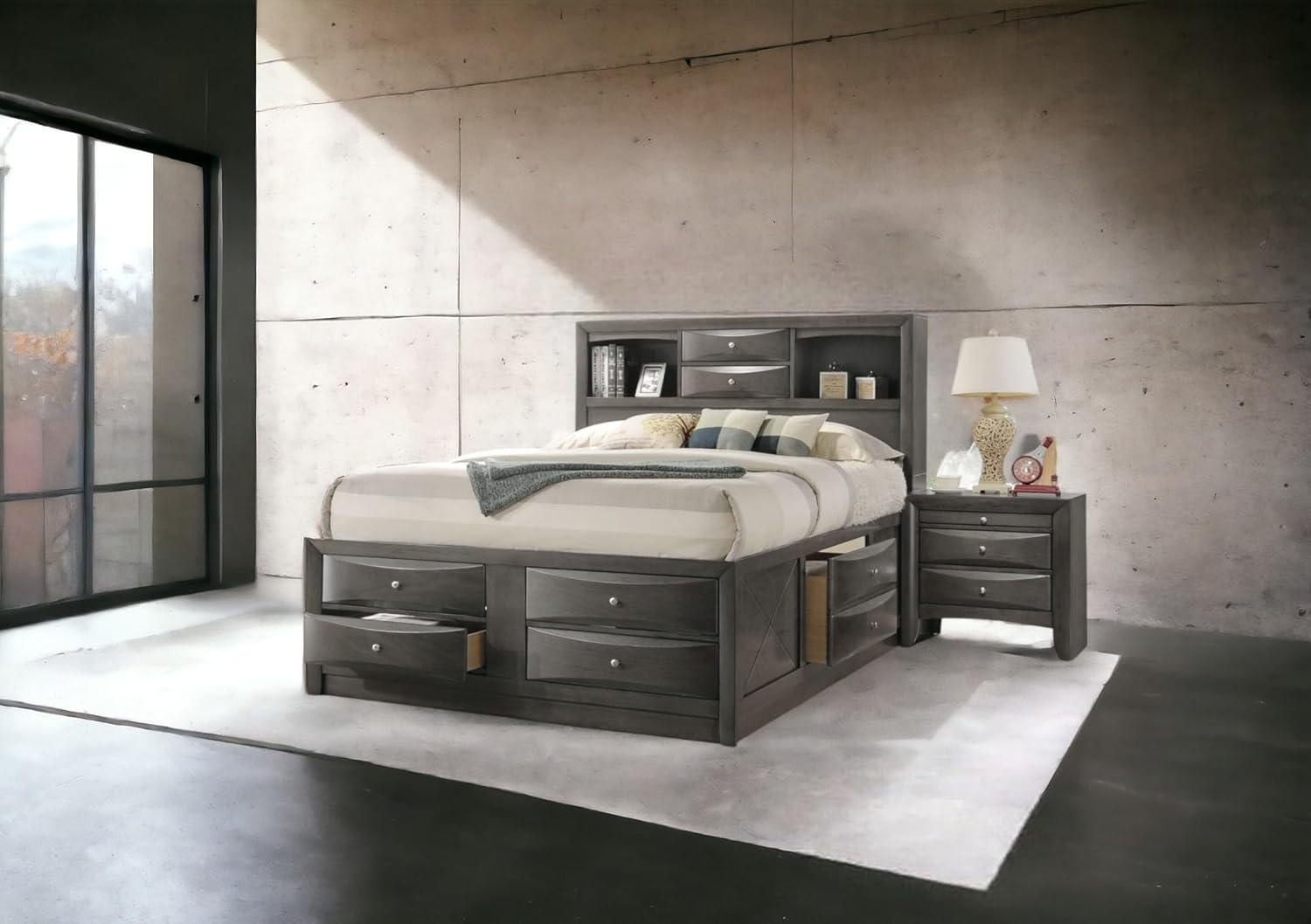 Gray Oak Upholstered King Captain's Bed with Bookcase Storage