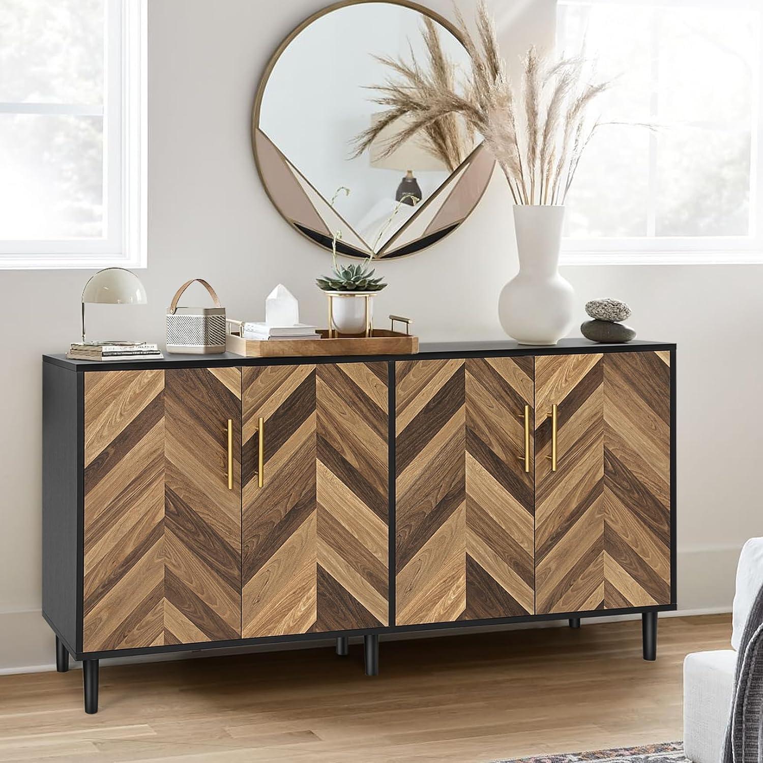 Accent Cabinet, Black Storage Cabinet with Doors Mid Century Modern Sideboard Buffet Cabinet with Storage Shelves Small Wood Accent Cabinets for Living Room Entryway Office, Brown Herringbone