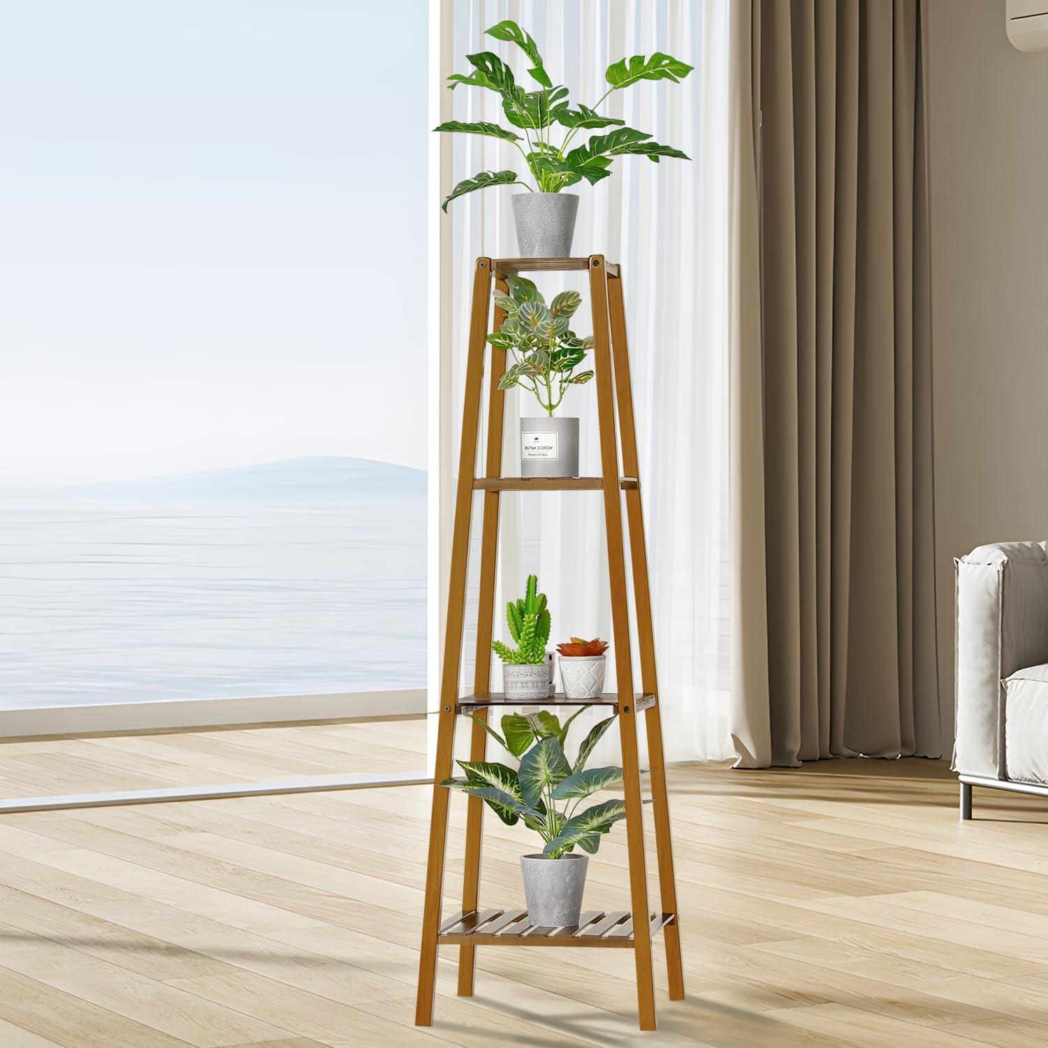 Magshion Bamboo 4 Tier Tall Plant Stand Pot Holder Small Space Table