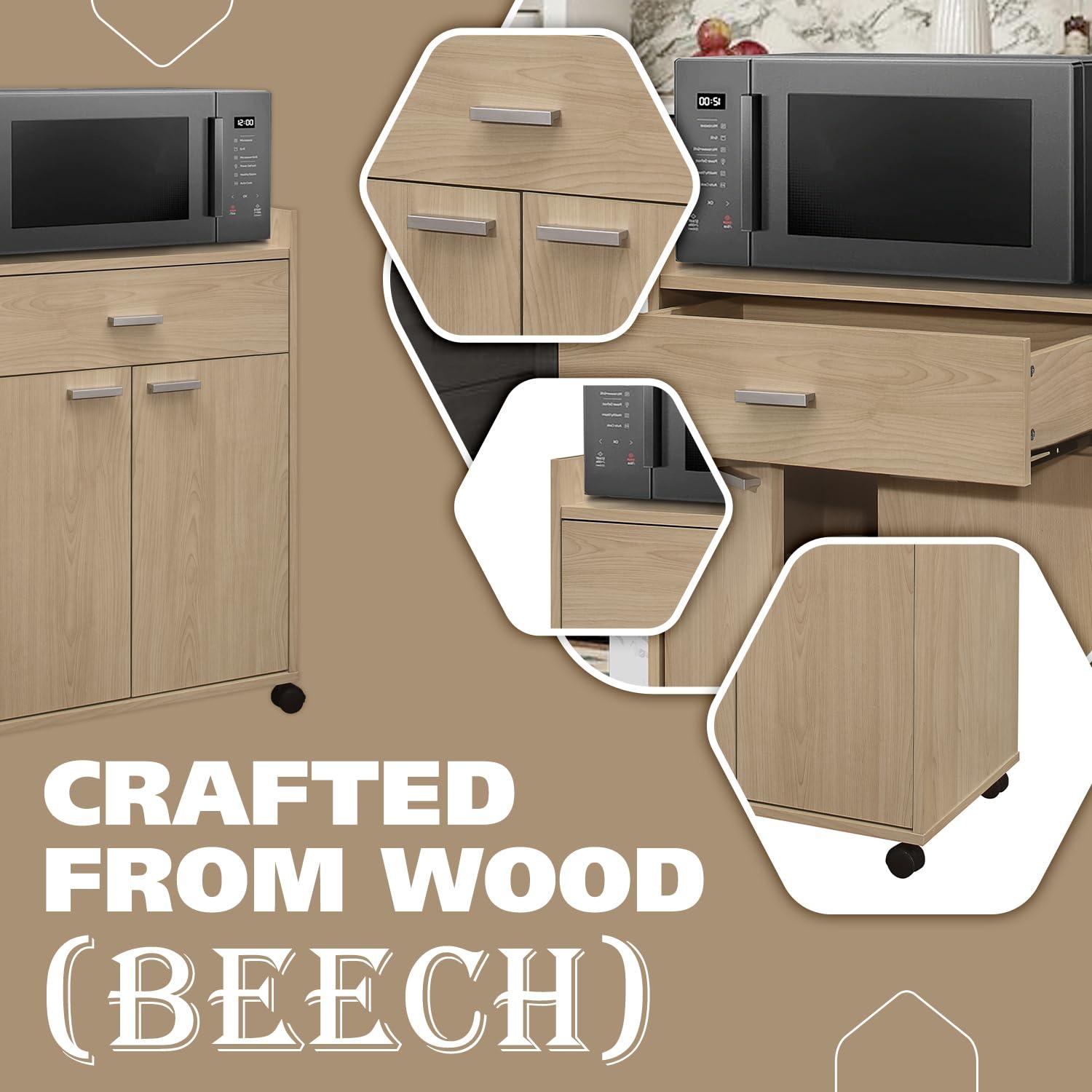 Kings Brand Furniture Northbury 2-Door Microwave Accent Kitchen Cabinet Rolling Cart (Beech)