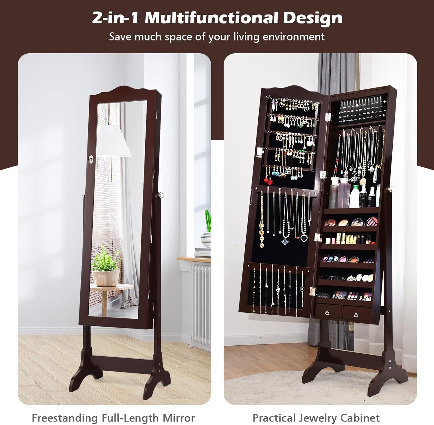 Costway Jewelry Mirrored Cabinet Armoire Organizer Storage Box with Stand Christmas Gift Coffee