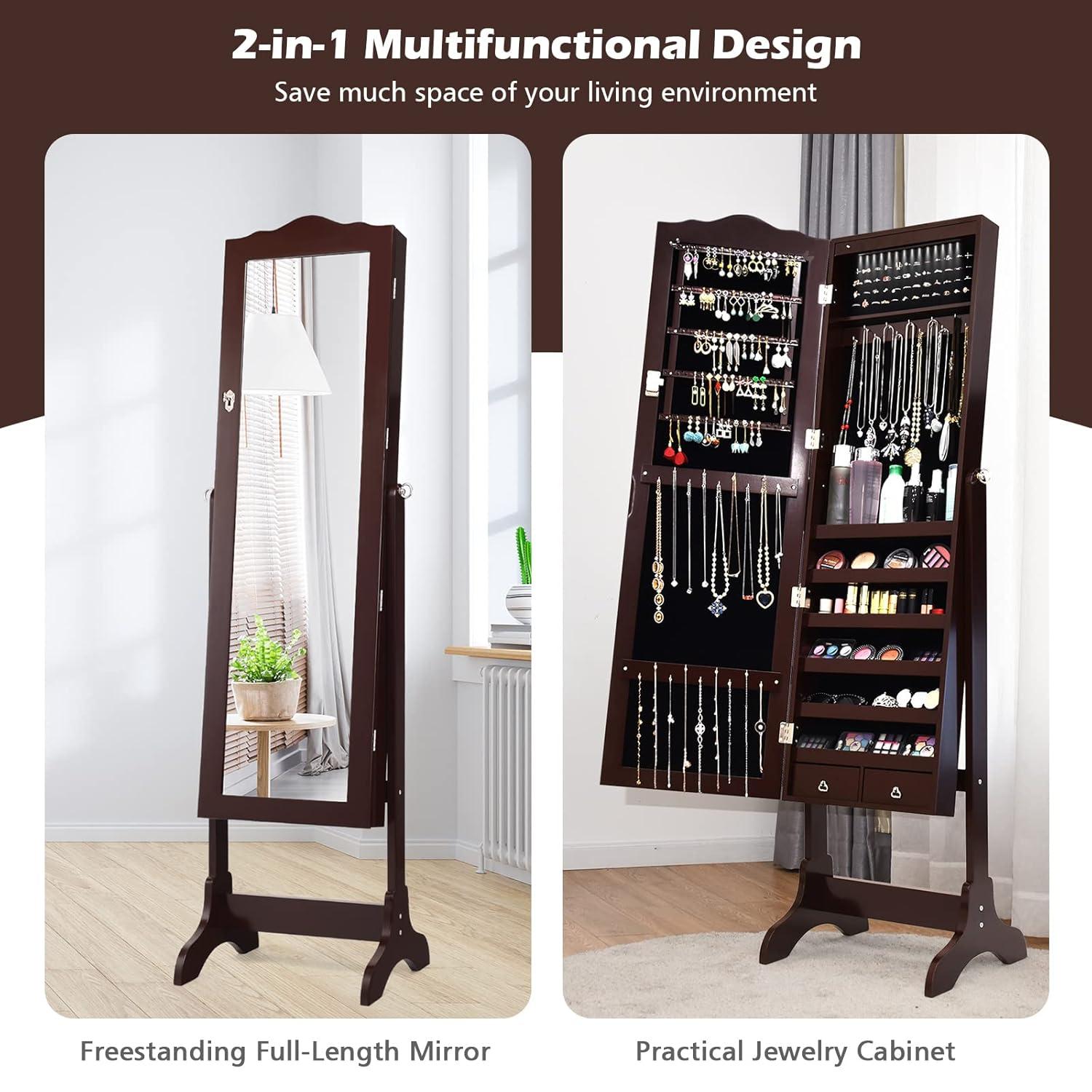 Costway Jewelry Mirrored Cabinet Armoire Organizer Storage Box with Stand Christmas Gift Coffee