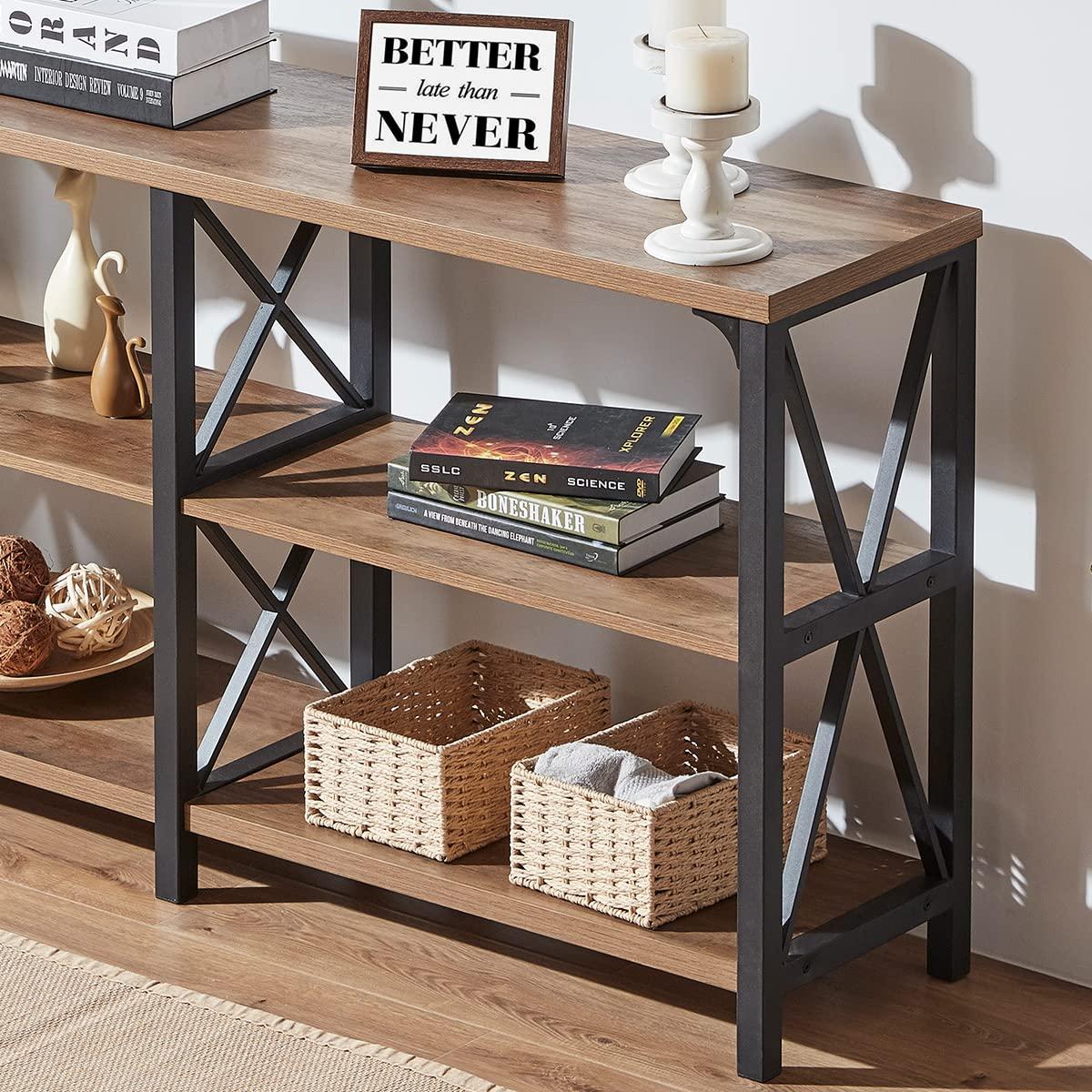 IBF Rustic Console Table, Industrial Wood and Metal Sofa Table, Hallway Entry Table for Home Living Room, Long Horizontal Bookshelf Entryway Table with Retro Vintage Storage Shelf, Rustic Oak, 47 Inch