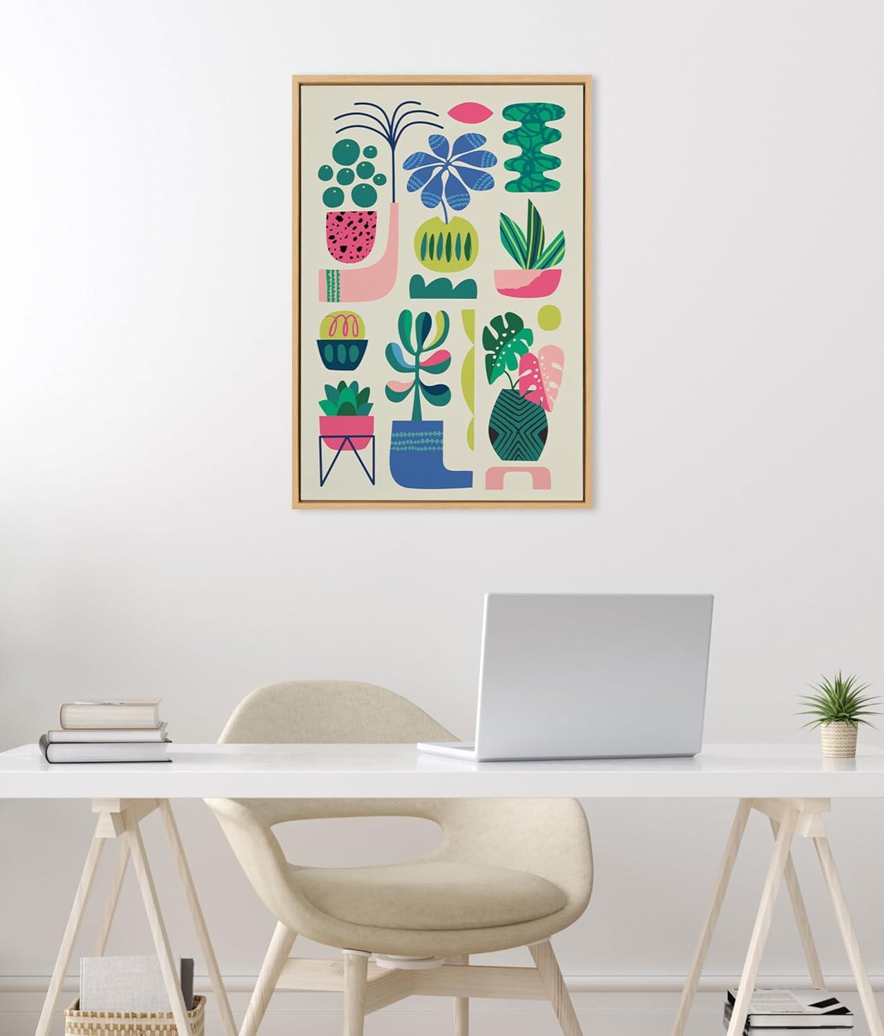 Kate & Laurel All Things Decor Sylvie Houseplants Framed Canvas Wall Art by Rachel Lee Natural Colorful Mid-Century Plant Wall Art