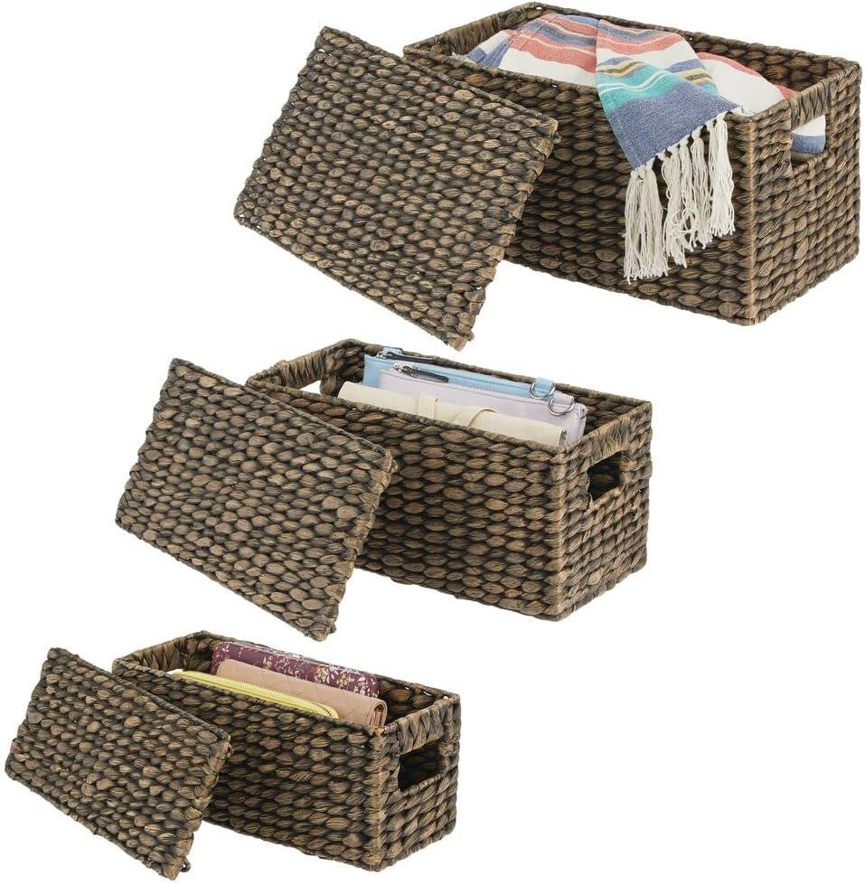 mDesign Woven Water Hyacinth Storage Basket, Lid/Handles, Set of 3