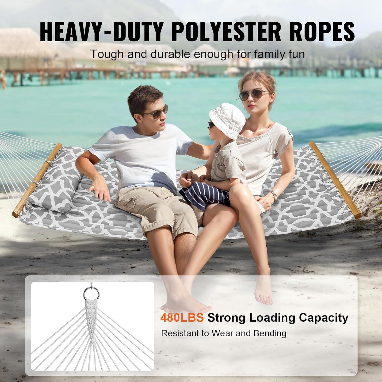 Double Quilted 12 FT Hammock for 2 Persons, Hardwood Spreader Bars, 480 lbs Capacity, with Detachable Pillow and Chains - Ideal for Outdoor Camping, Patio, Beach, and Yard Relaxation