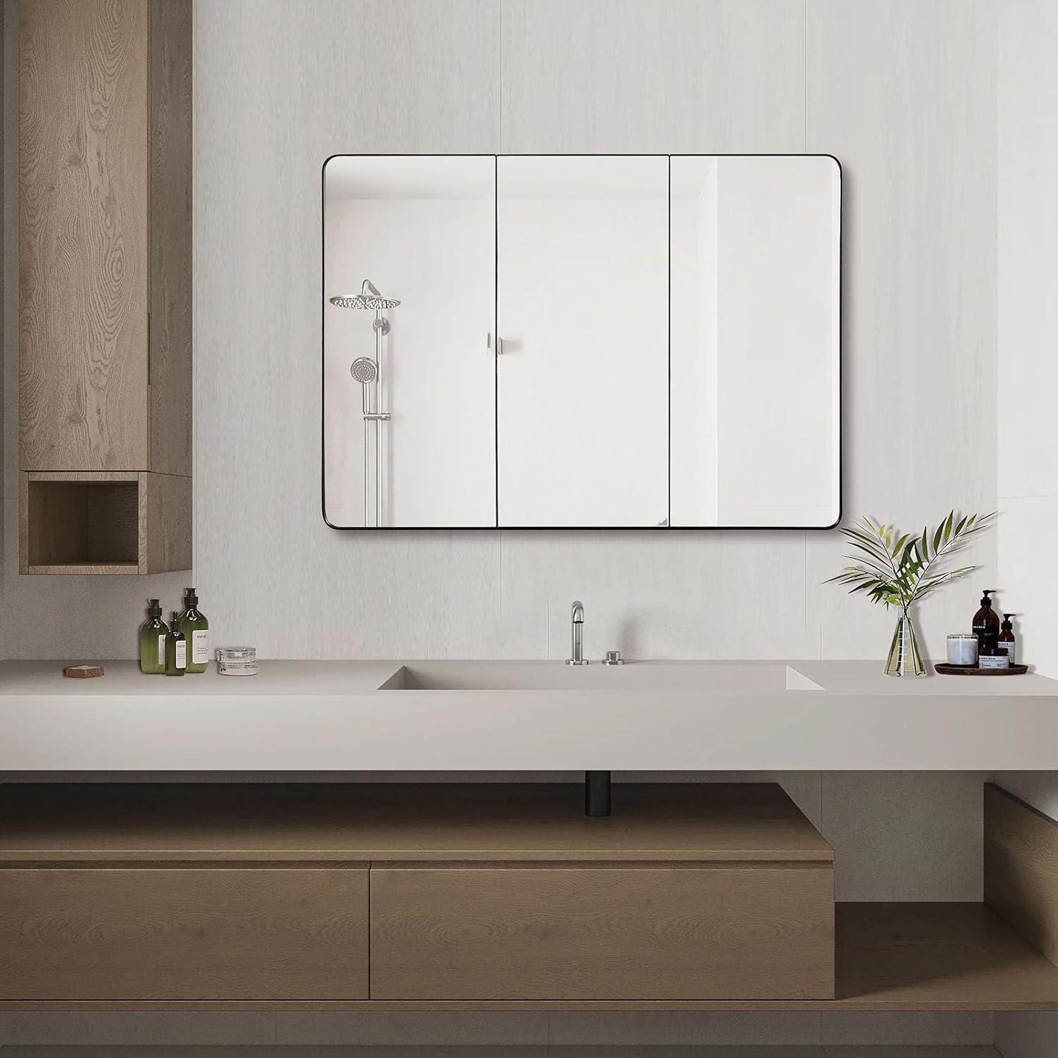 Black Bathroom Medicine Cabinet with Round Corner Framed Door, 40 x 25.5 inch, Recessed or Surface Mount, with Adjustable Glass Shelves