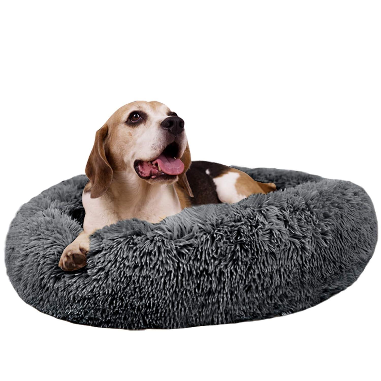 MFOX Calming Dog Bed (S/M/L/XL) for Medium and Large Dogs Comfortable Pet Bed Faux Fur Donut Cuddler Up to 15/30/50/90lbs