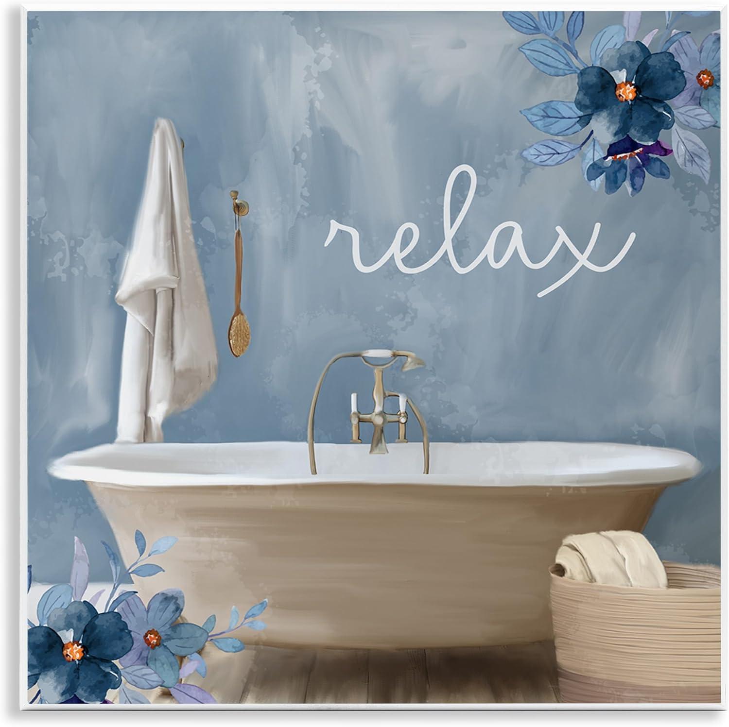 Blue Floral Relax Bathroom Scene Wood Wall Art