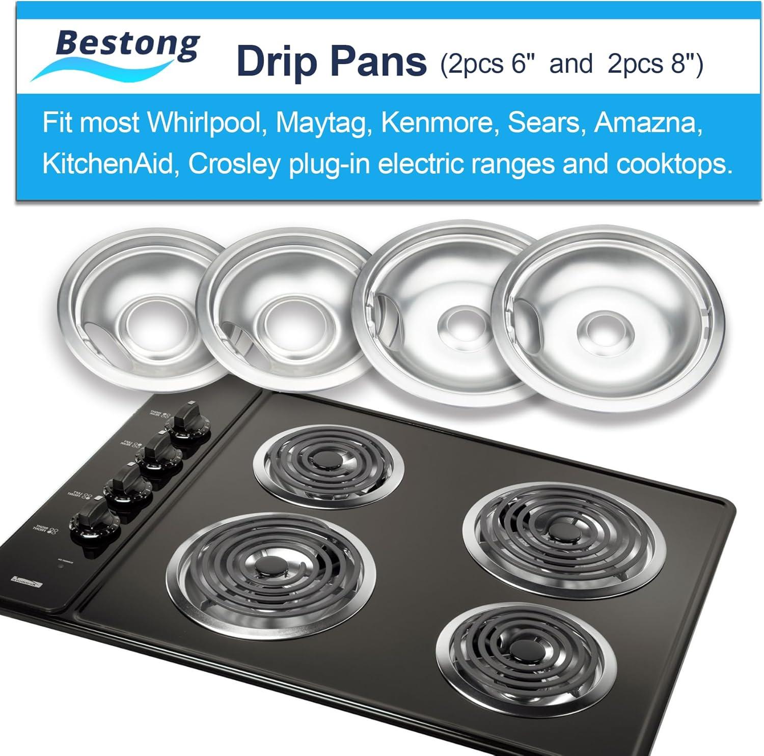 4 Pcs Stove Burner Drip Pans Chrome Replacement for Whirlpool Amana Maytag Magic-Chef Kenmore GE Electric Range  2 x 6" 2 x 8"