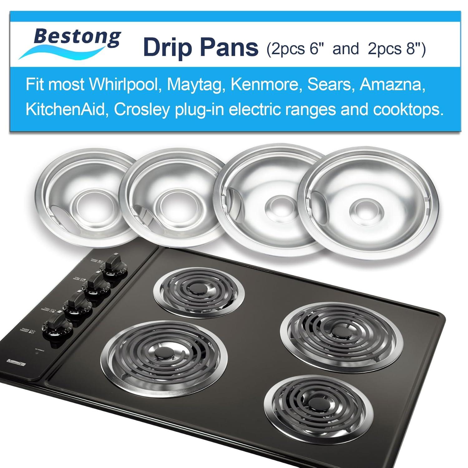 4 Pcs Stove Burner Drip Pans Chrome Replacement for Whirlpool Amana Maytag Magic-Chef Kenmore GE Electric Range  2 x 6" 2 x 8"