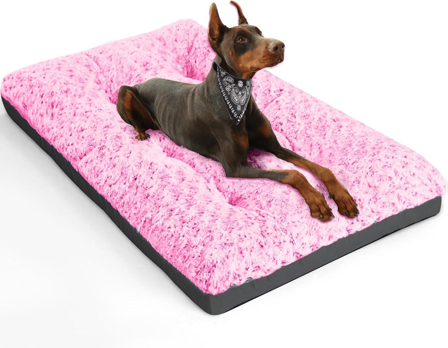 Comfy Fluffy Kennel Pad Anti-Slip for Dogs Up to 90 lbs, 42" x 28", Pink