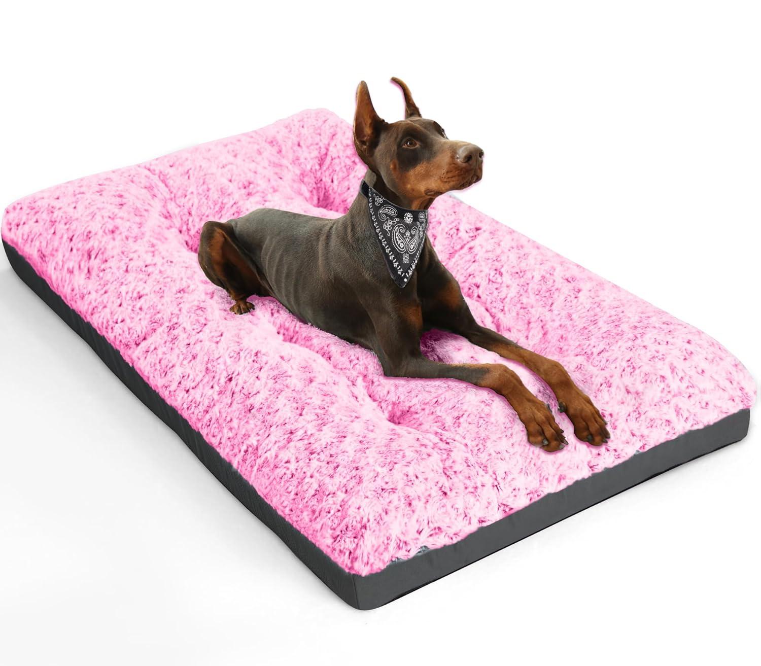 Comfy Fluffy Kennel Pad Anti-Slip for Dogs Up to 90 lbs, 42" x 28", Pink