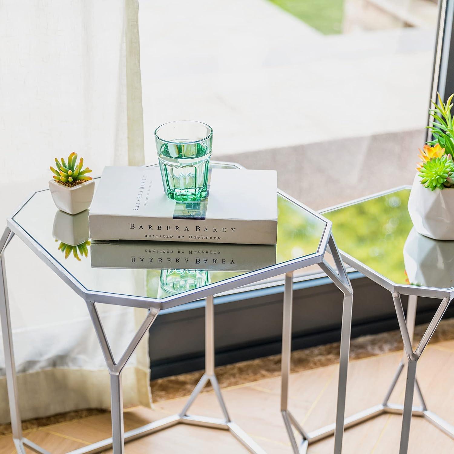 Silver Metal and Glass Geometric Nesting Tables Set