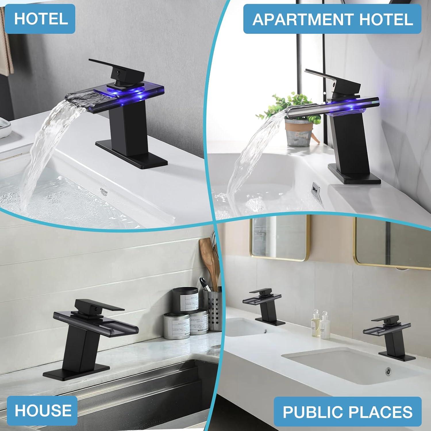 LED Bathroom Sink Faucet, Matte Black Waterfall Single Handle Vanity Faucets for Sinks 1 Hole with Metal Pop Up Drain and 2 Water Supply Lines, Open Glass Spout