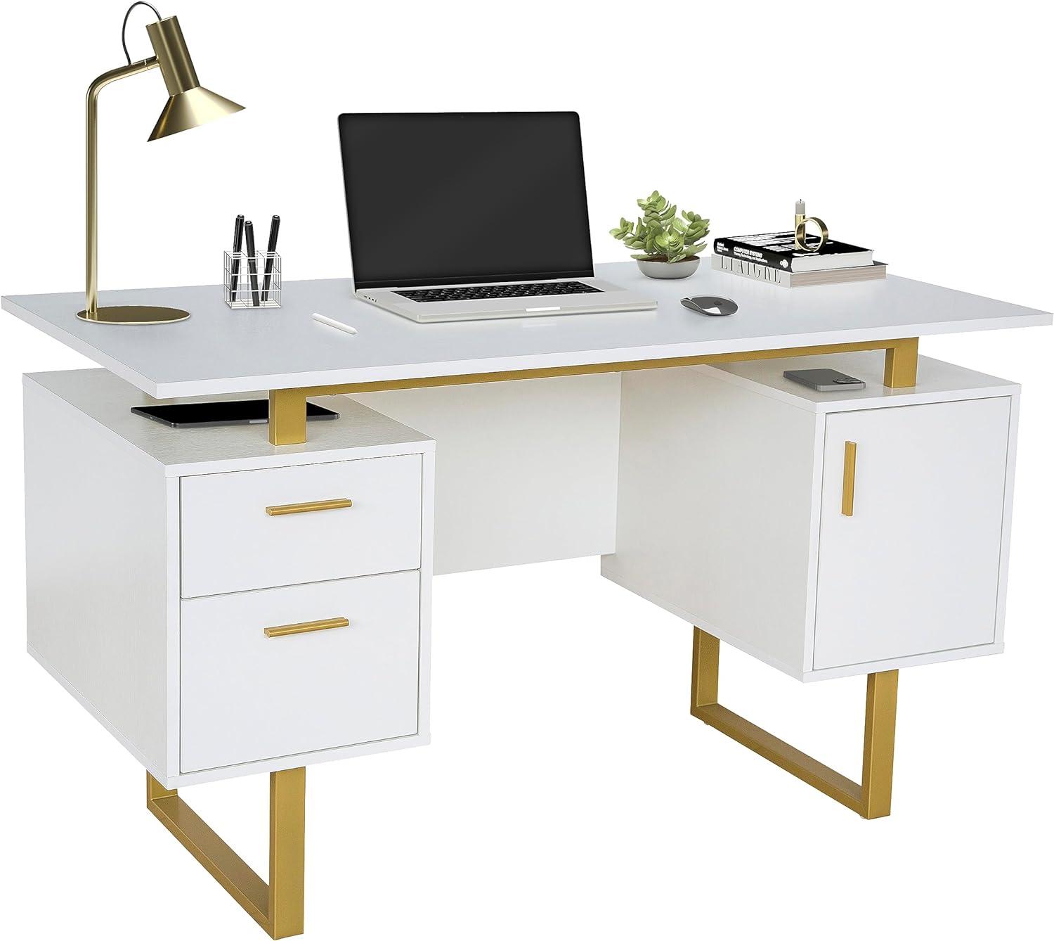 White and Gold Modern Writing Desk with Storage Drawers