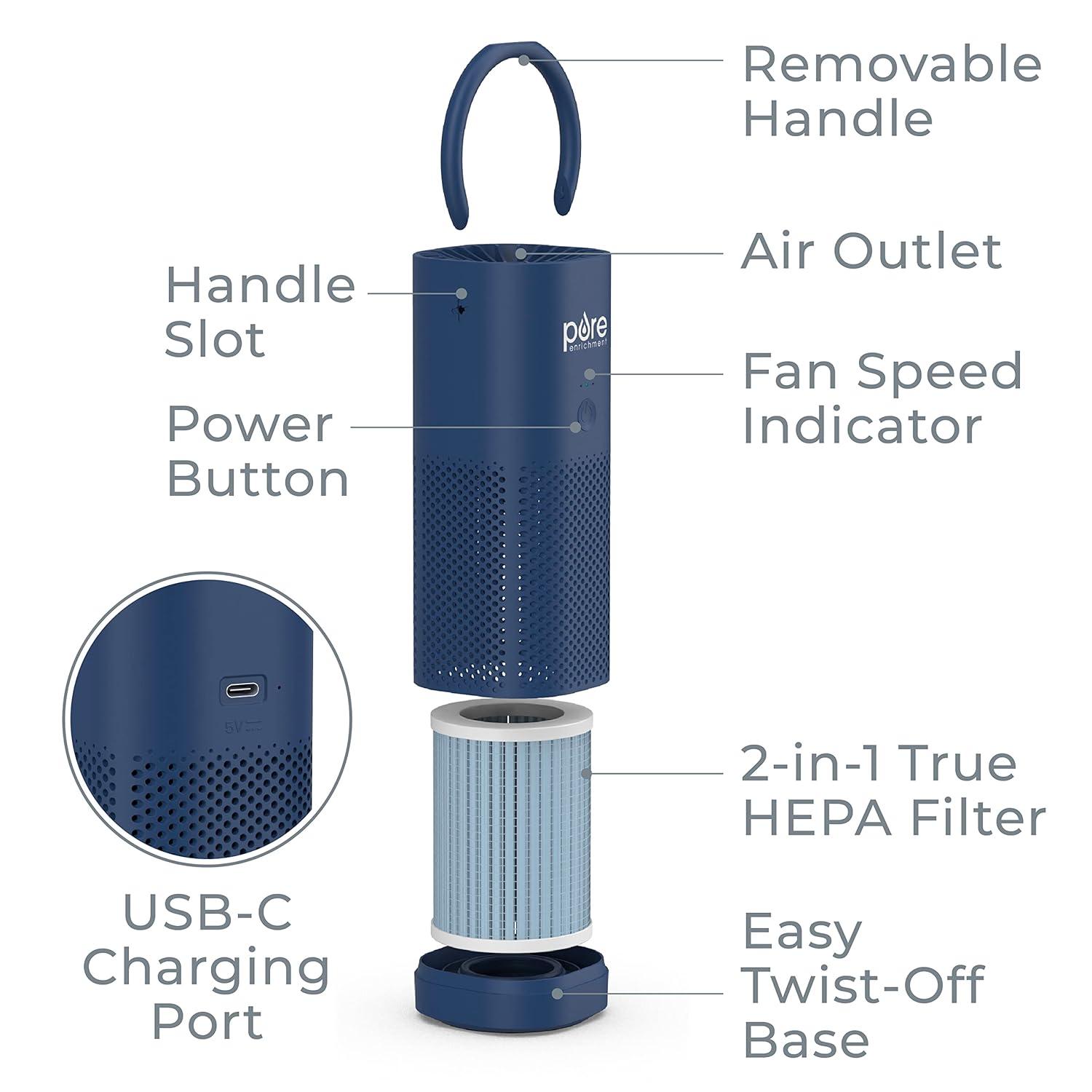 Pure Enrichment Pure Zone Mini Personal Air Purifier Blue: HEPA Filter, USB Powered, Captures Dust & Smoke, 5-Year Warranty