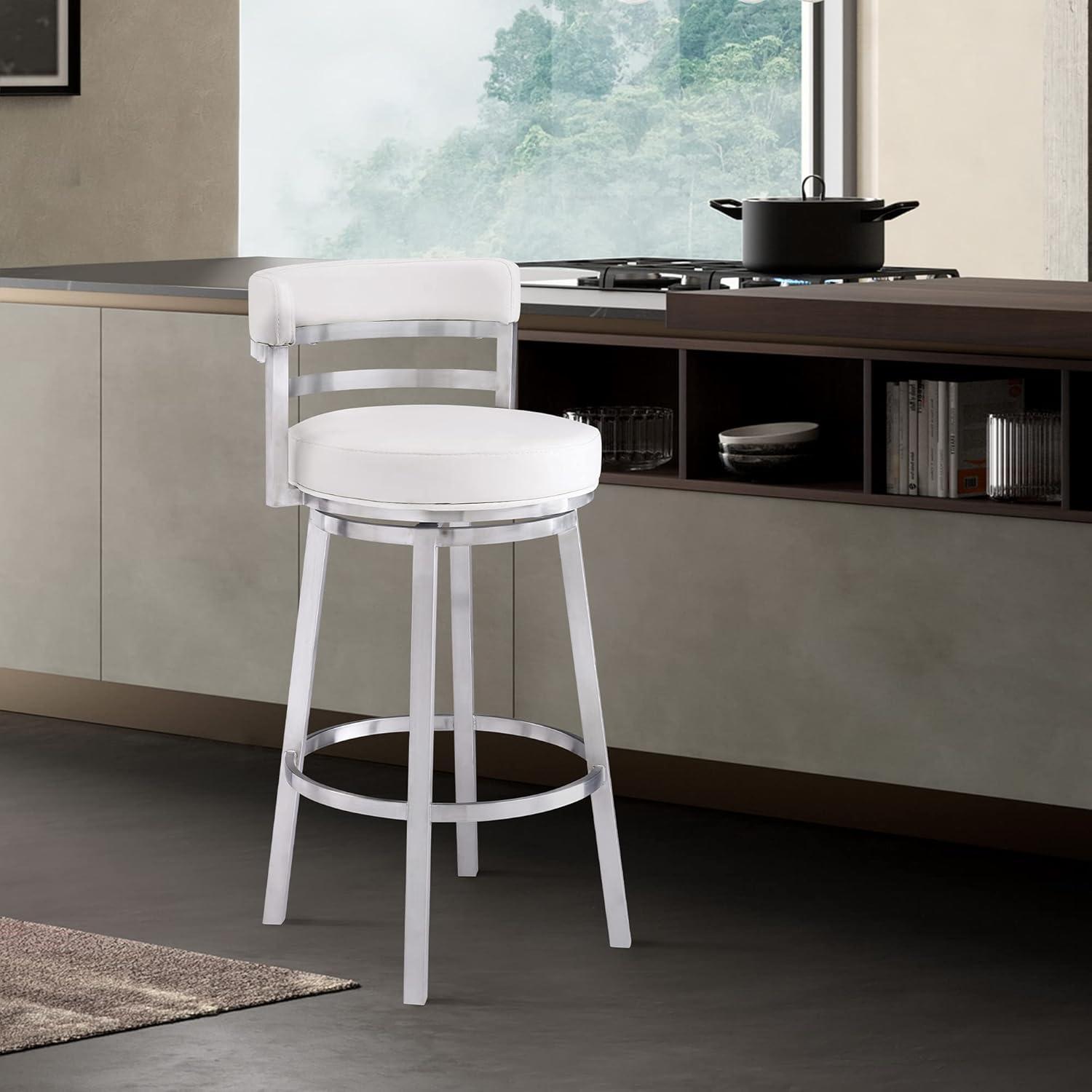 White Faux Leather and Stainless Steel Swivel Bar Stool