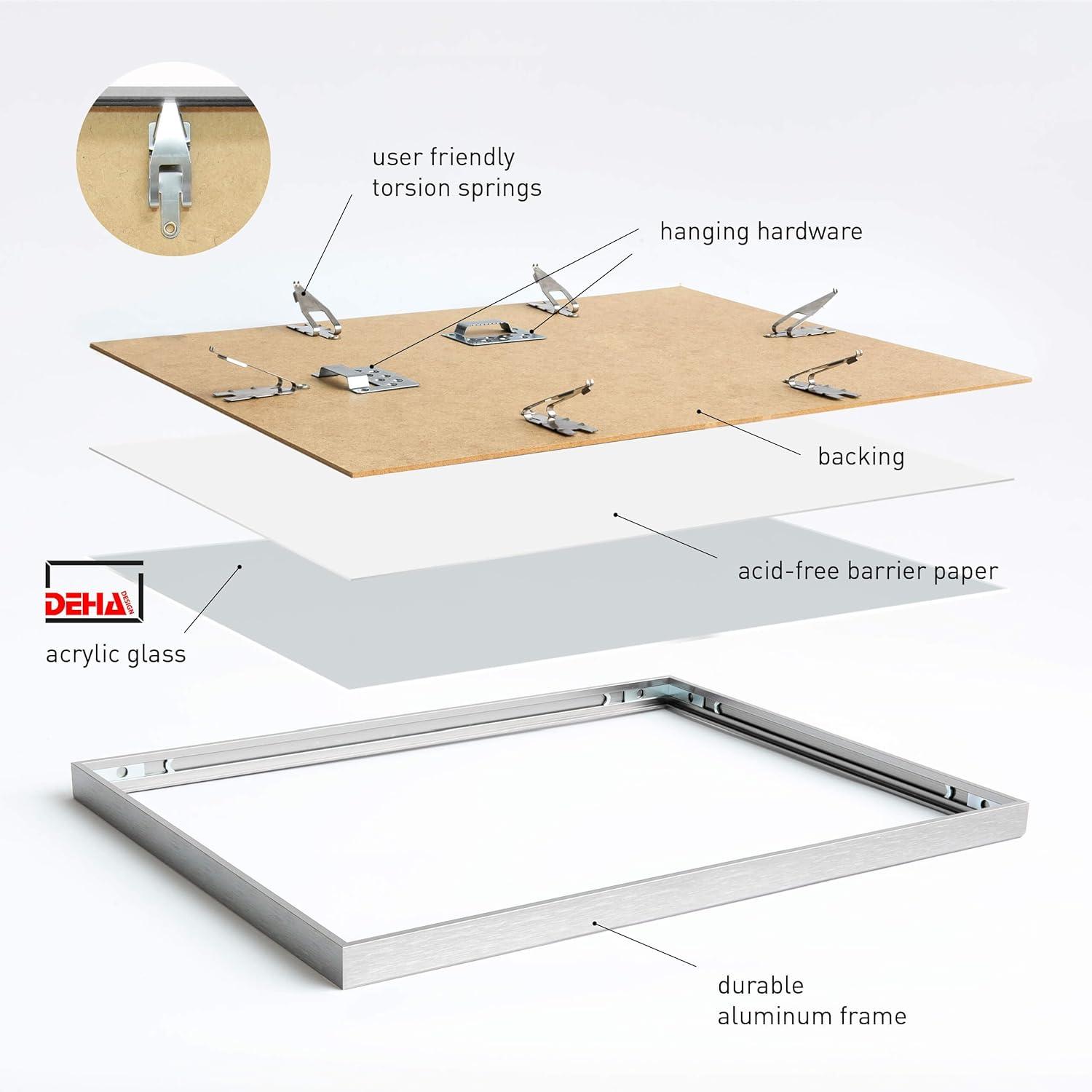 DEHA Design 11x14 Picture Frame Boston Frosted Silver Aluminum Metal Frame with Shatter Resistant Acrylic Glass Horizontal and Vertical format.