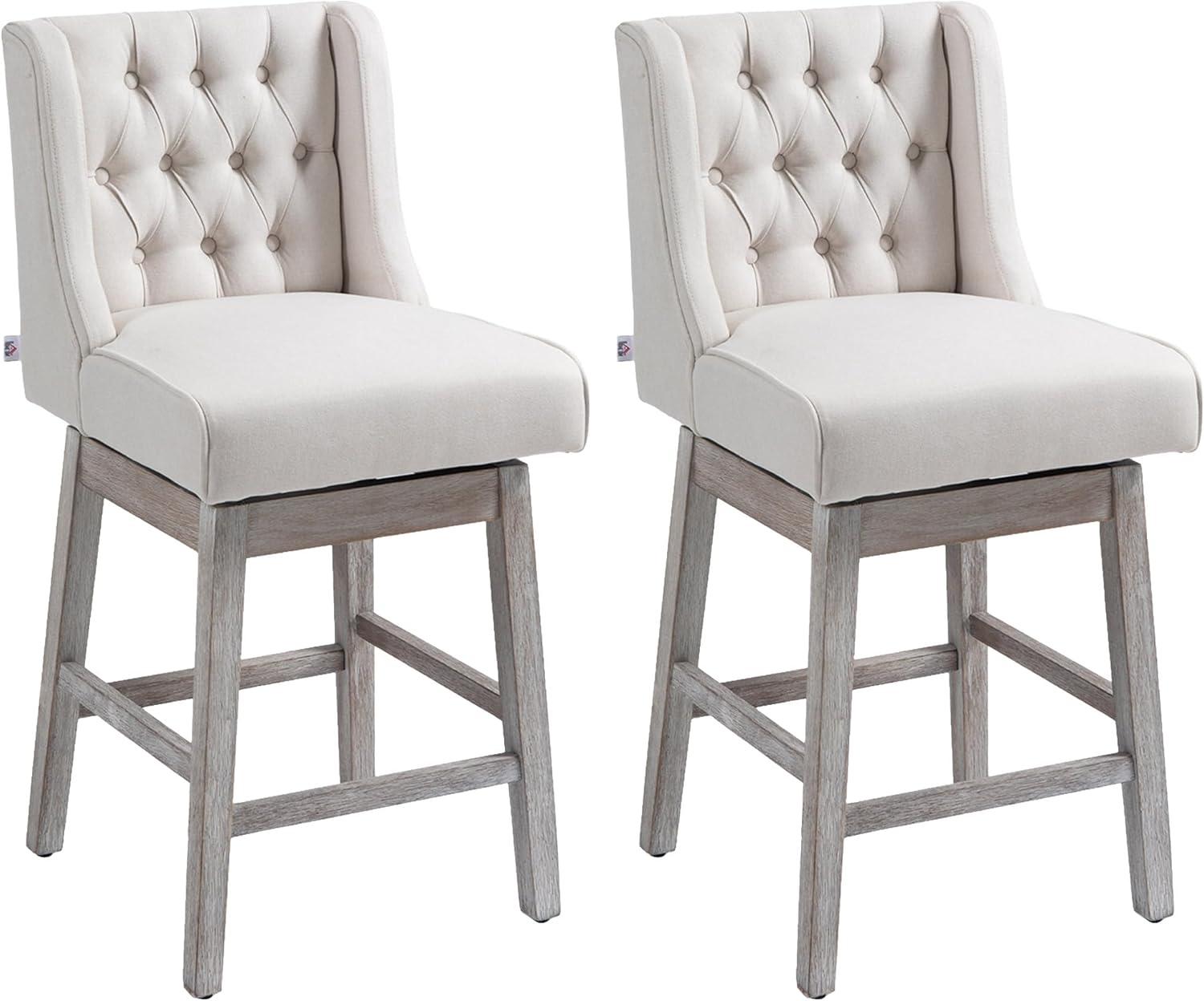 Beige and Gray Swivel Bar Stools with Button Tufted Design, Set of 2